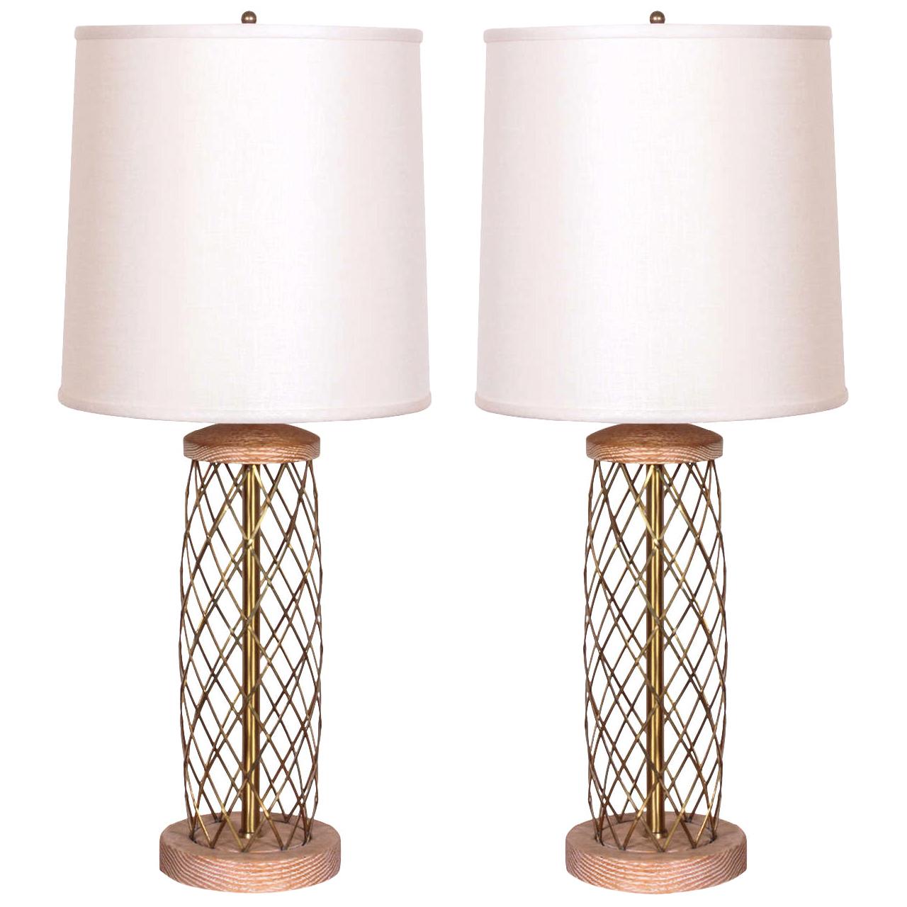 Pair of Mid-Century Modernist Cerused Oak and Brass Lamps For Sale