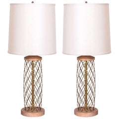 Pair of Mid-Century Modernist Cerused Oak and Brass Lamps
