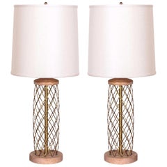 Pair of Mid-Century Modernist Cerused Oak and Brass Lamps