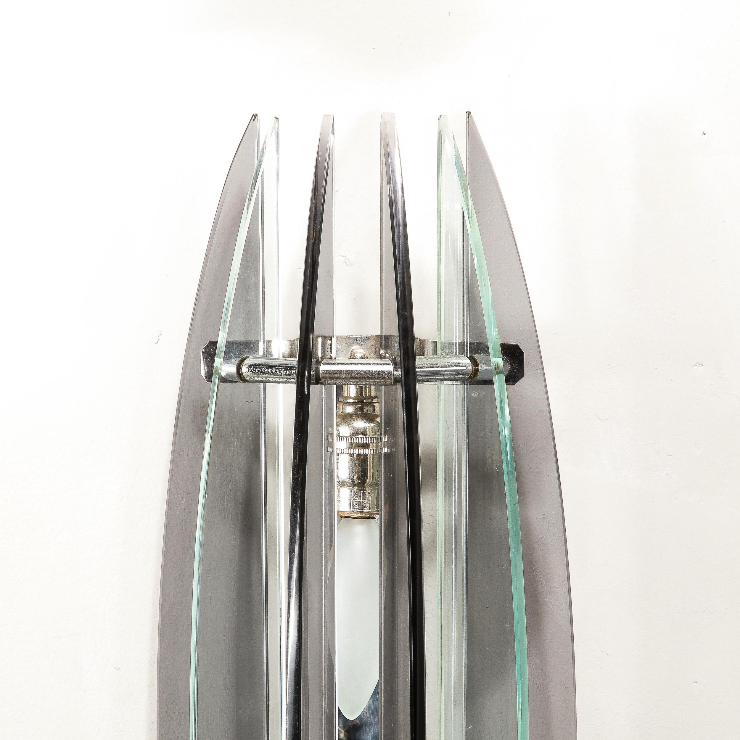 Pair of Mid-Century Modernist Curved Smoked Glass & Chrome Sconces by Veca For Sale 7