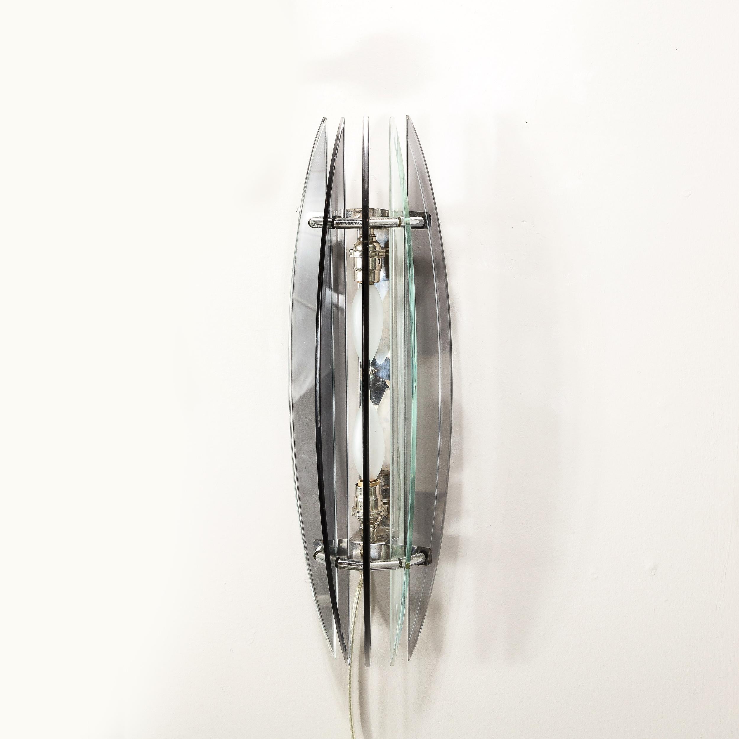 Pair of Mid-Century Modernist Curved Smoked Glass & Chrome Sconces by Veca For Sale 8