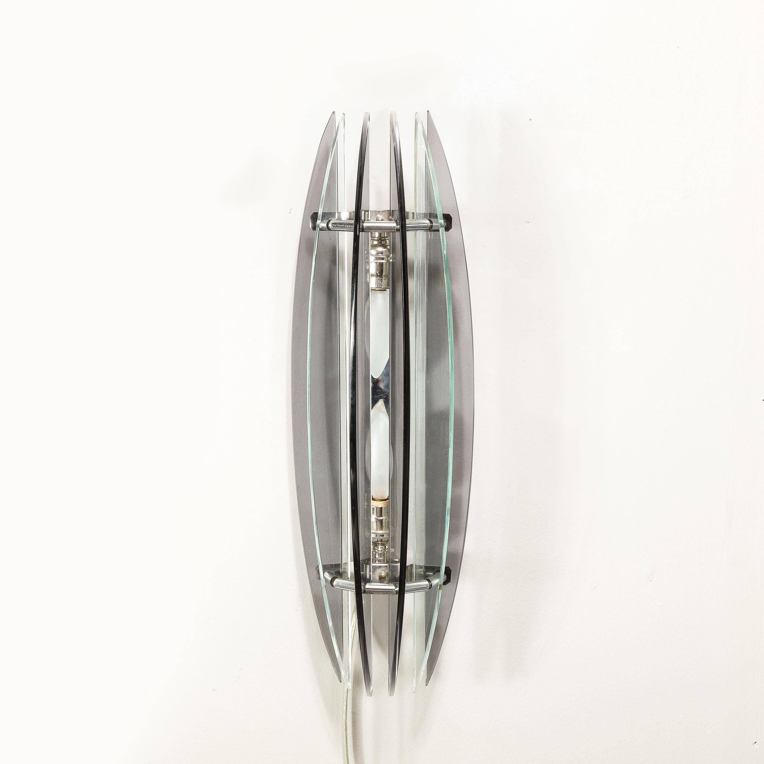 Pair of Mid-Century Modernist Curved Smoked Glass & Chrome Sconces by Veca For Sale 9