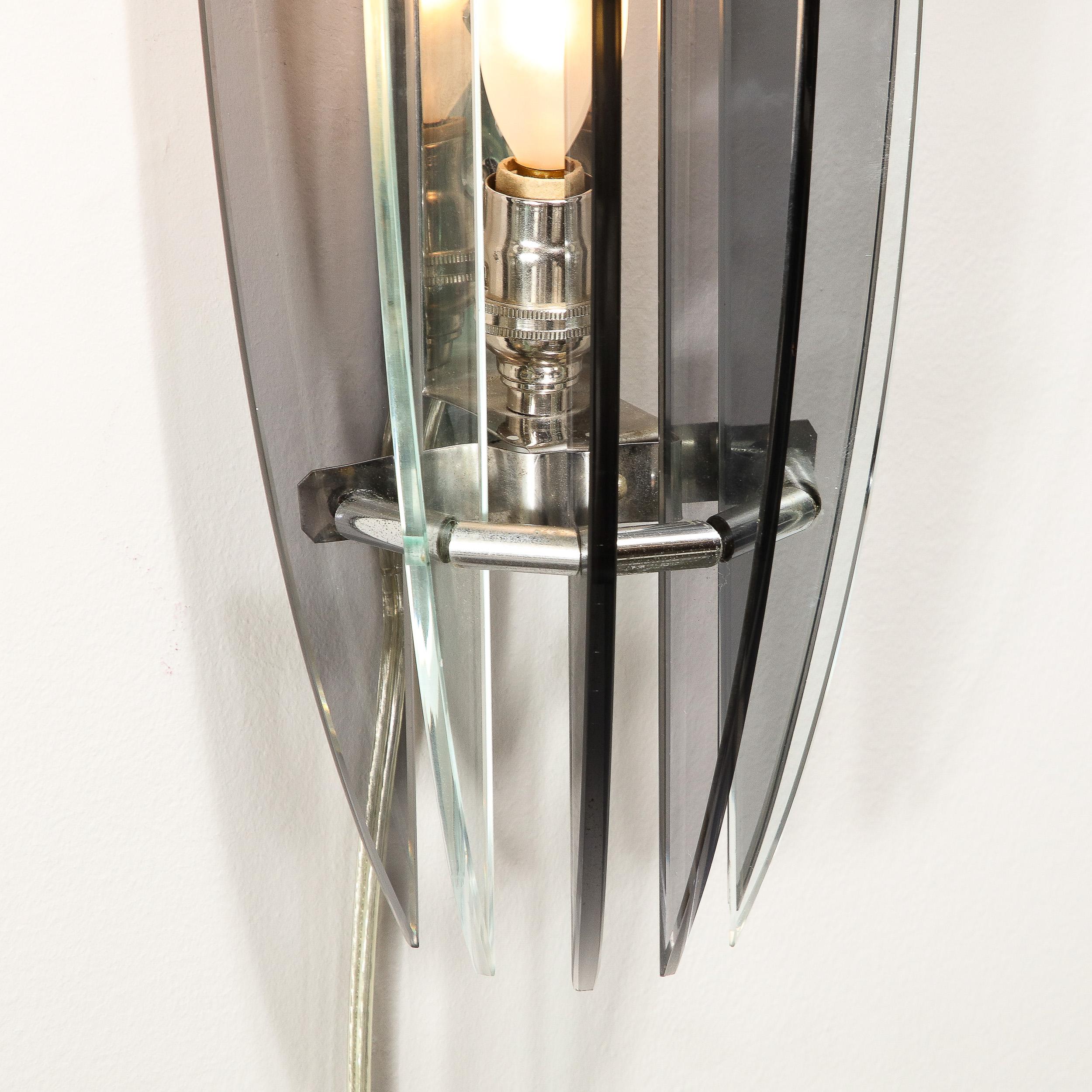 Italian Pair of Mid-Century Modernist Curved Smoked Glass & Chrome Sconces by Veca For Sale