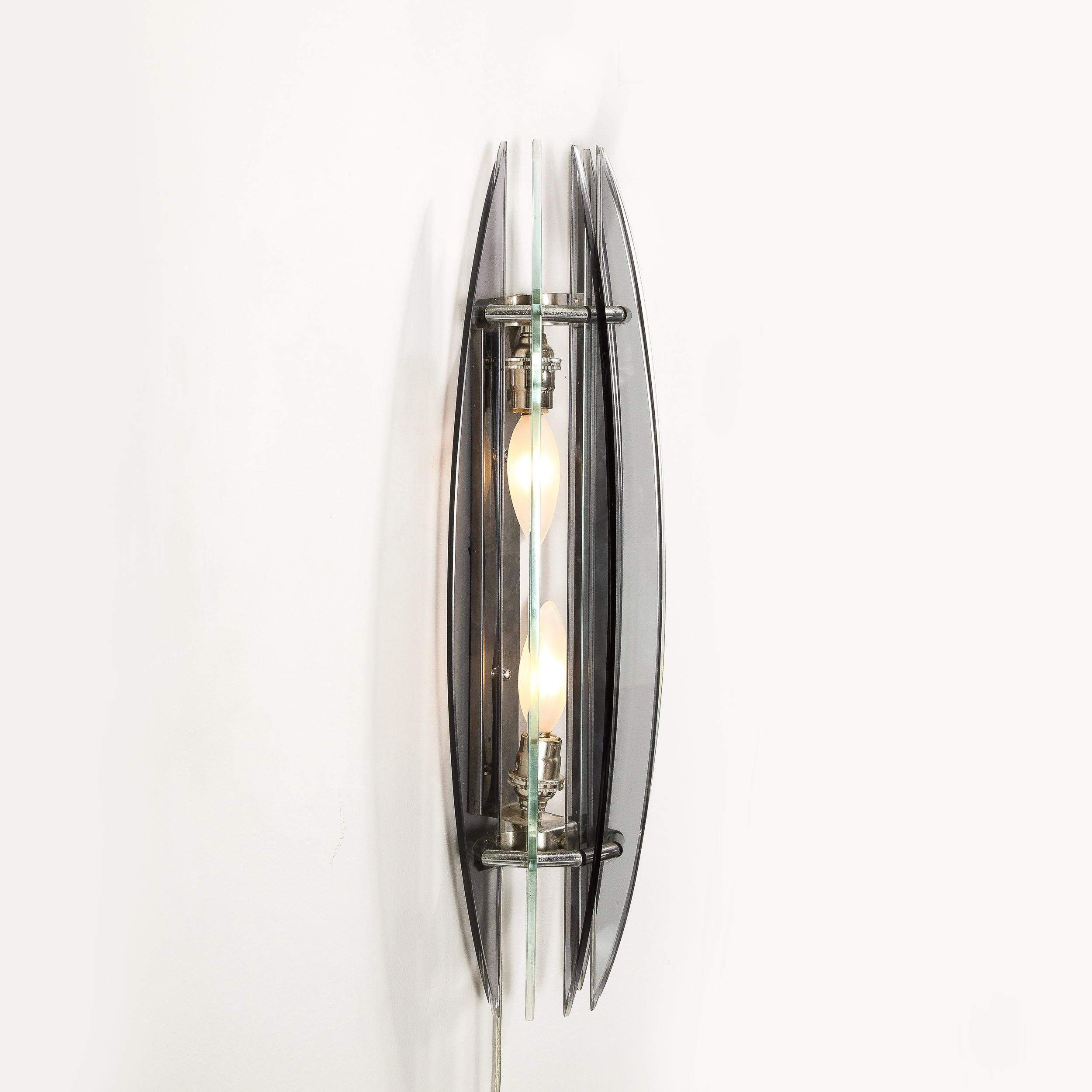 Pair of Mid-Century Modernist Curved Smoked Glass & Chrome Sconces by Veca In Excellent Condition For Sale In New York, NY