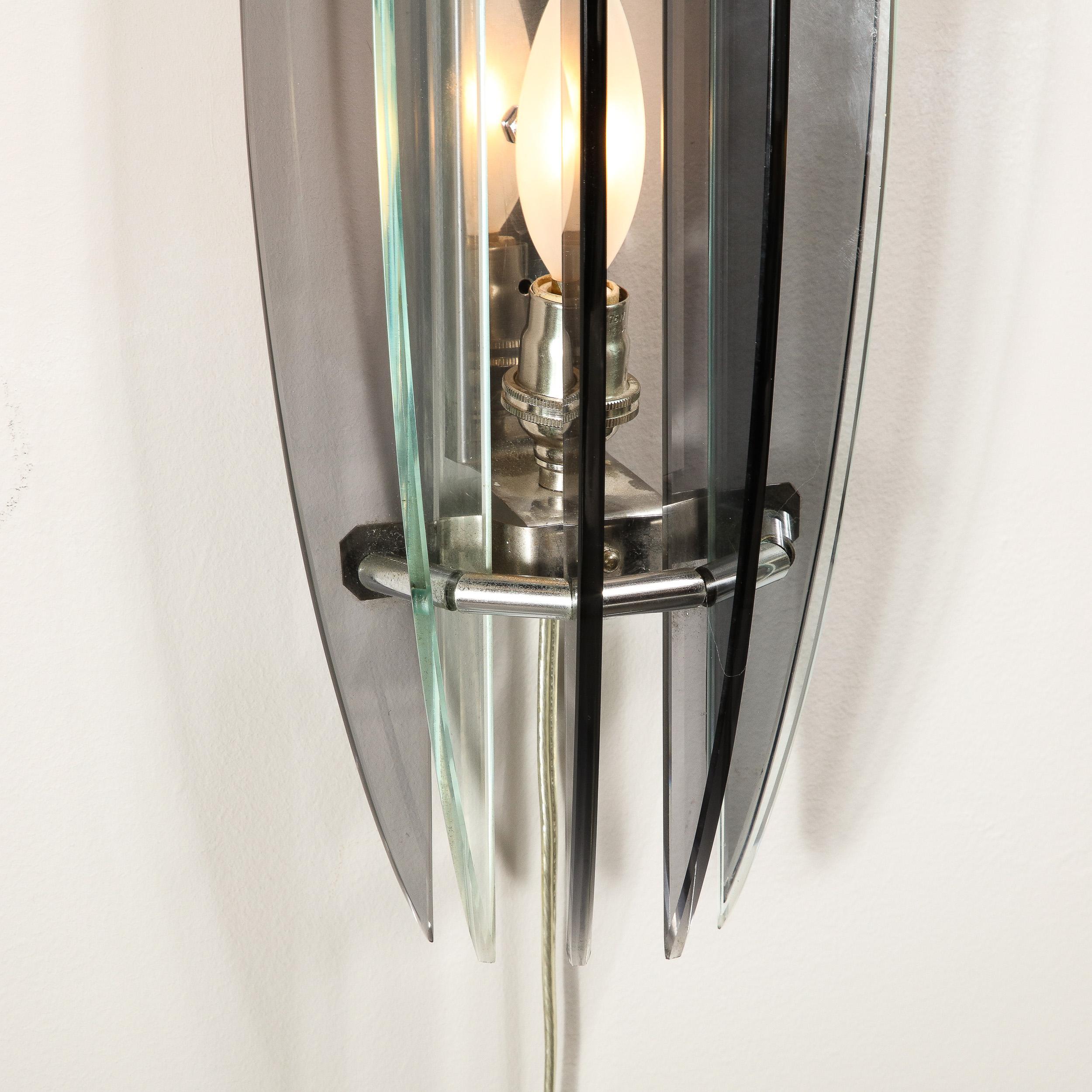 Late 20th Century Pair of Mid-Century Modernist Curved Smoked Glass & Chrome Sconces by Veca For Sale