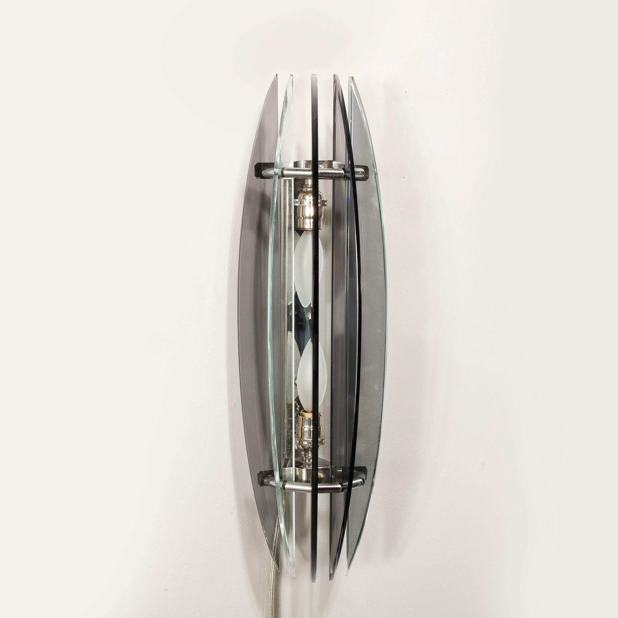 Pair of Mid-Century Modernist Curved Smoked Glass & Chrome Sconces by Veca For Sale 1