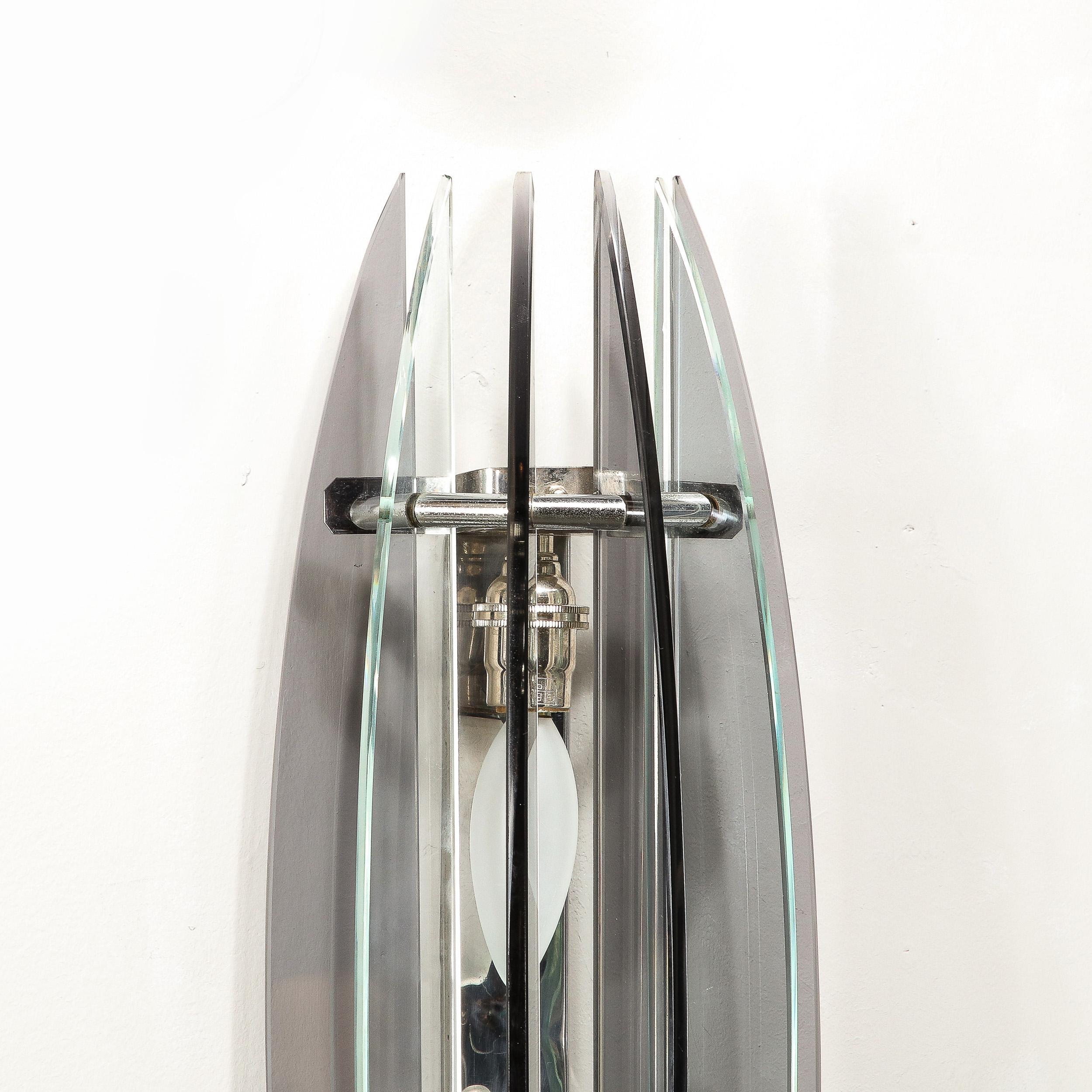 Pair of Mid-Century Modernist Curved Smoked Glass & Chrome Sconces by Veca For Sale 2