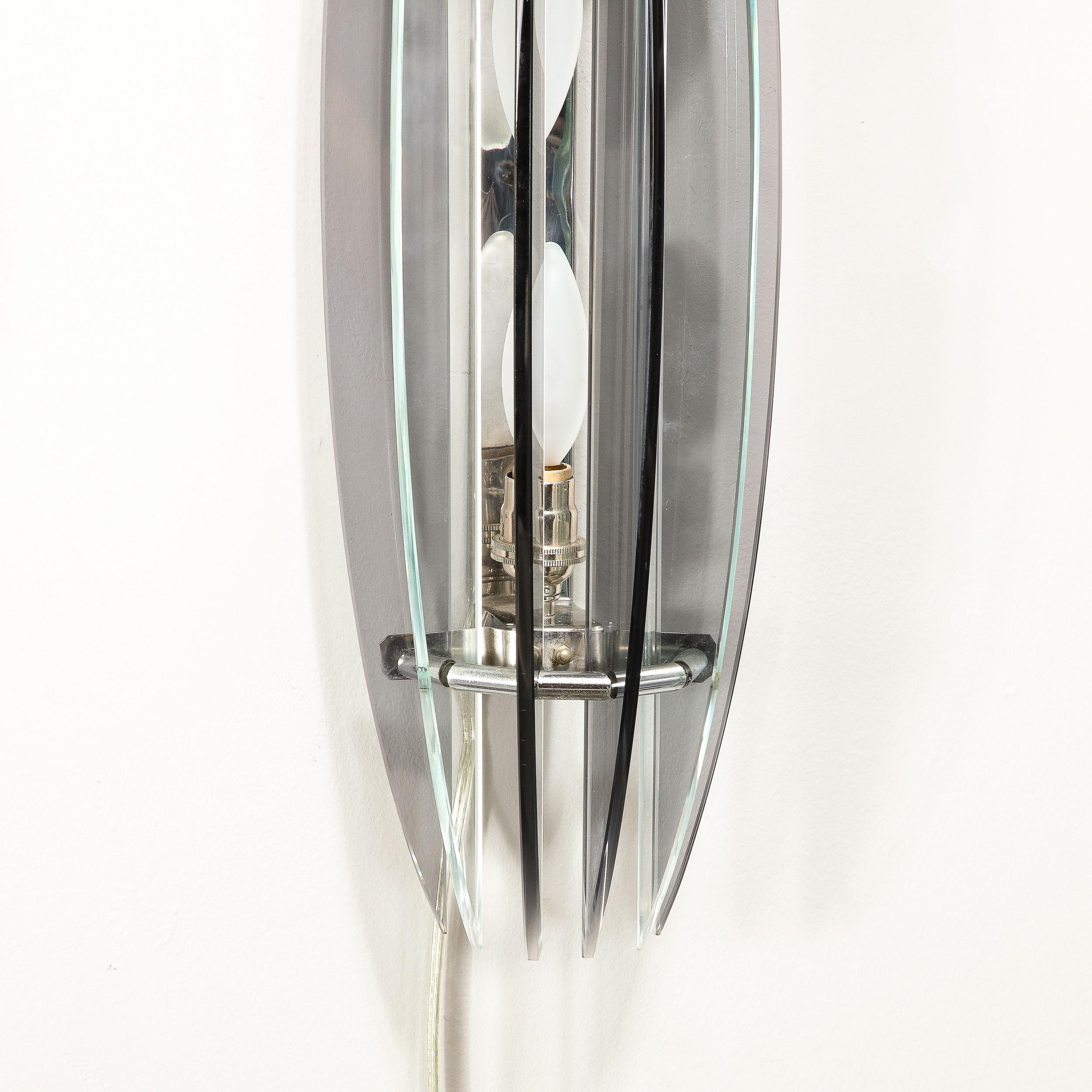 Pair of Mid-Century Modernist Curved Smoked Glass & Chrome Sconces by Veca For Sale 3