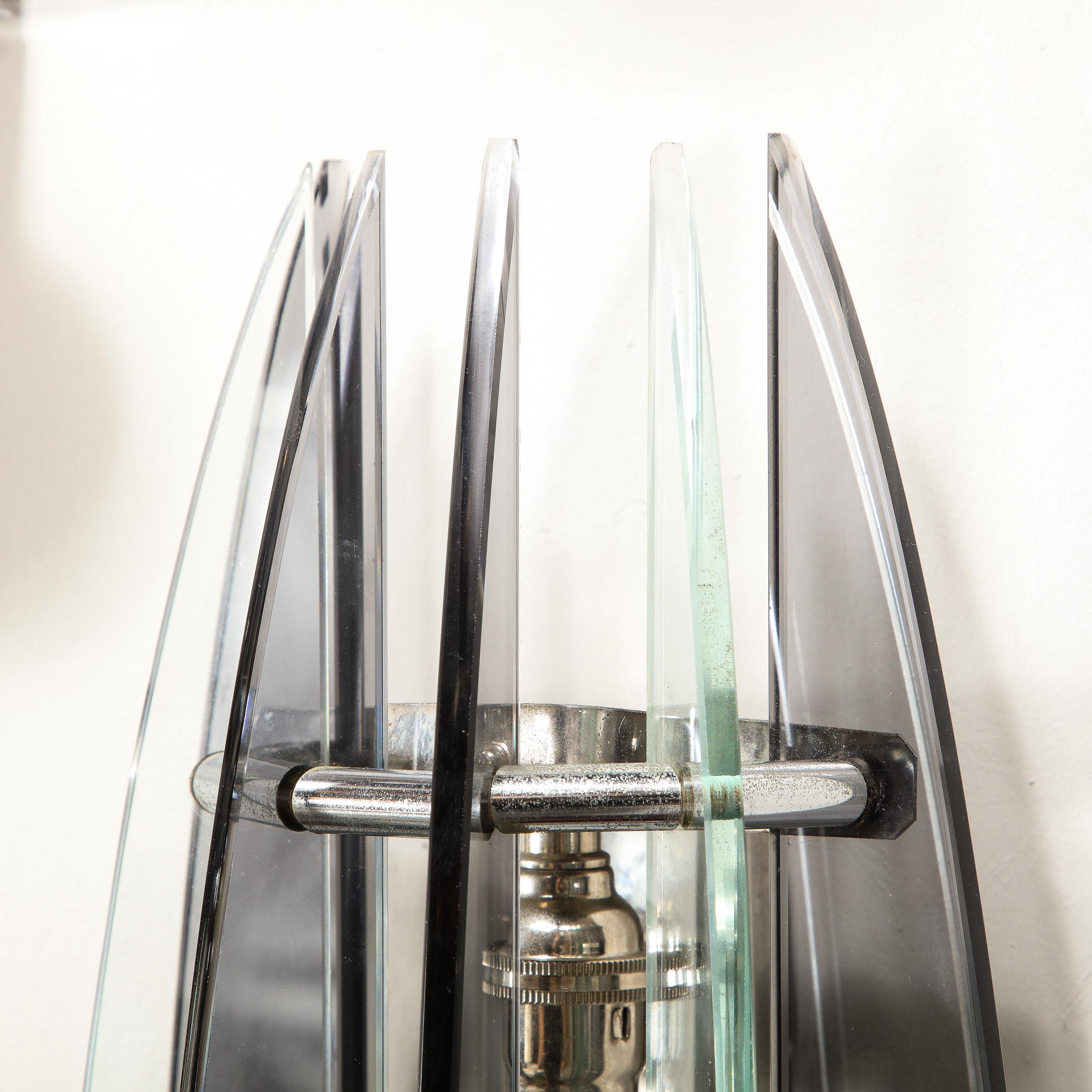 Pair of Mid-Century Modernist Curved Smoked Glass & Chrome Sconces by Veca For Sale 4