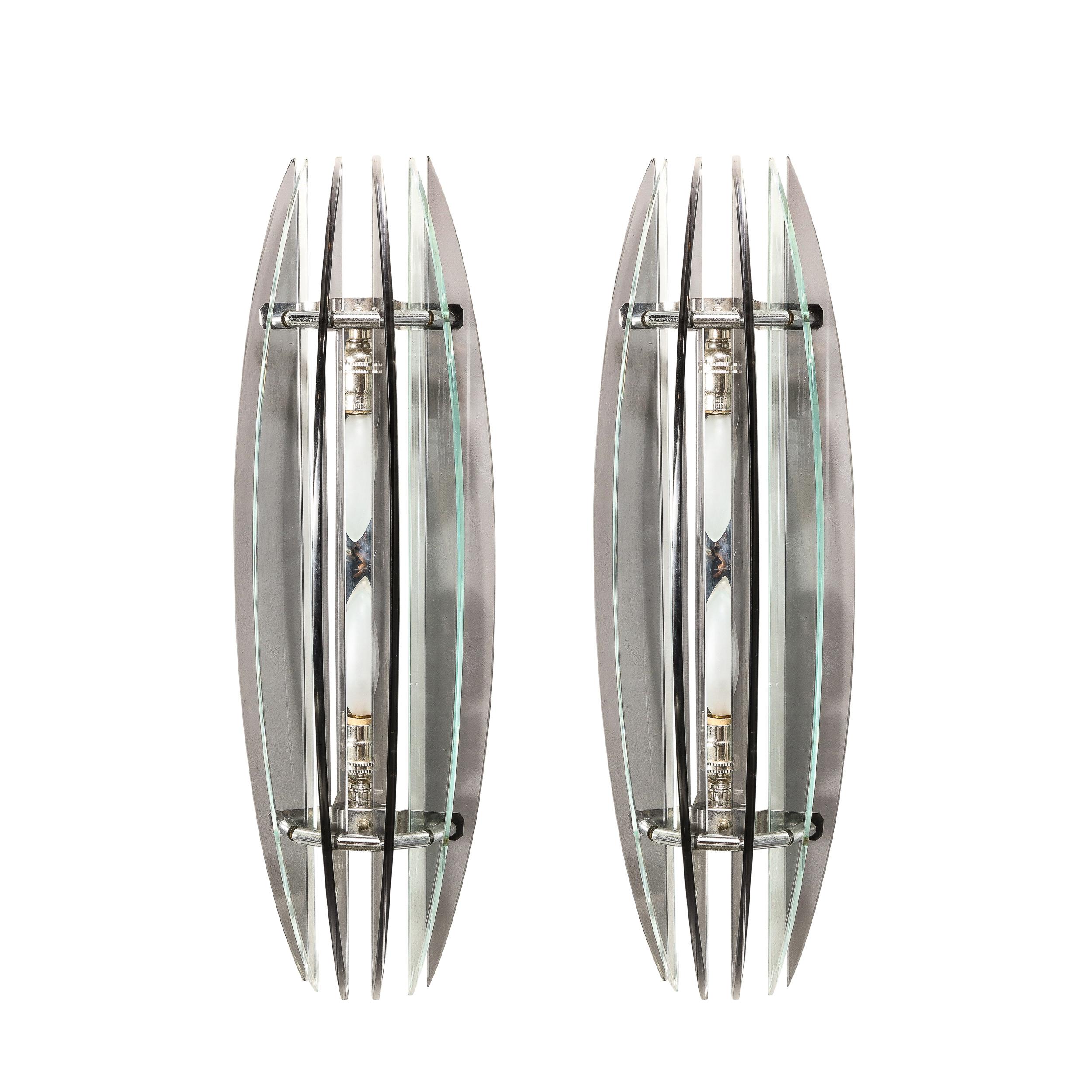 Pair of Mid-Century Modernist Curved Smoked Glass & Chrome Sconces by Veca For Sale