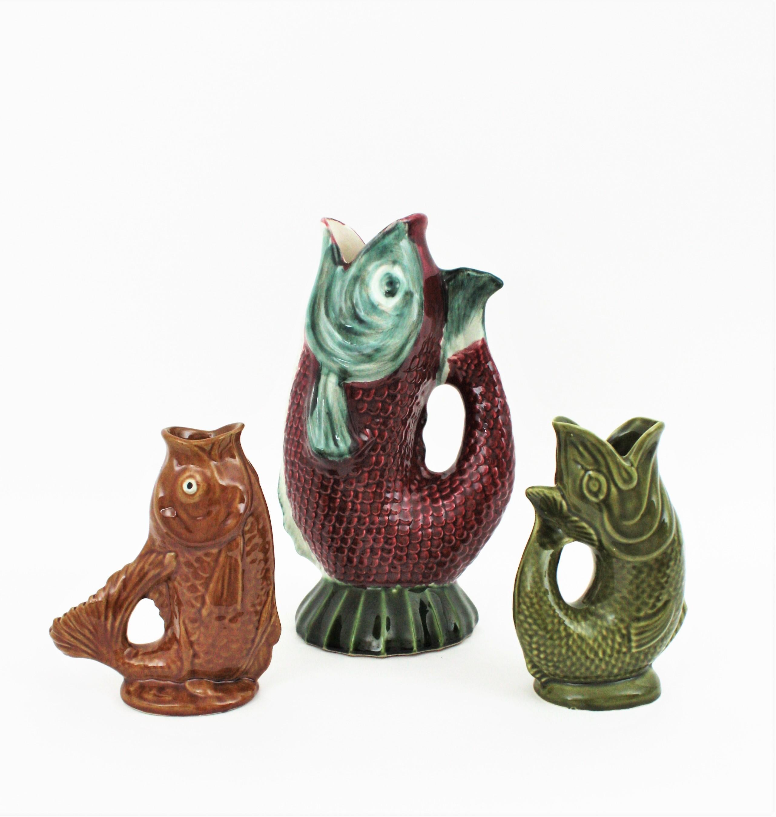 Pair of Mid-Century Modern Glazed Ceramic Gurgle Fish Jugs / Pitchers 4