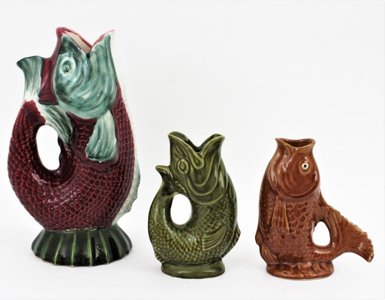 Pair of Mid-Century Modern Glazed Ceramic Gurgle Fish Jugs / Pitchers ...