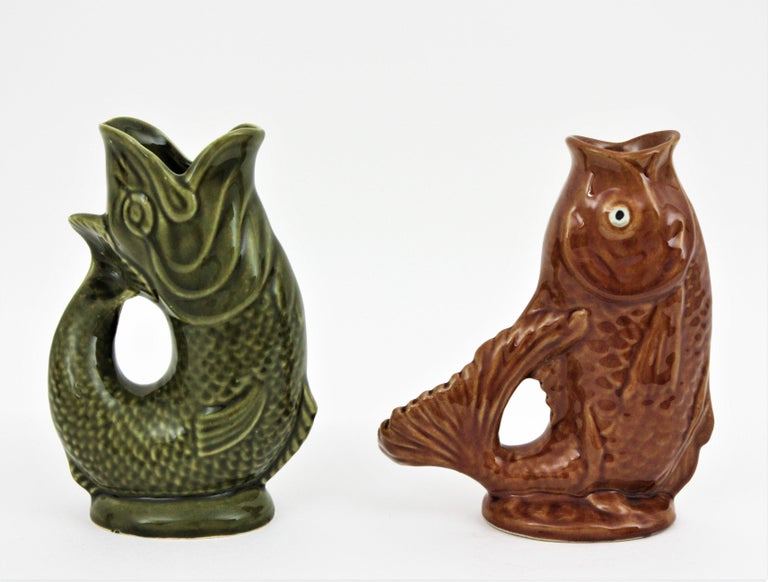 Pair of MidCentury Modernist Glazed Ceramic Gurgle Fish Jugs