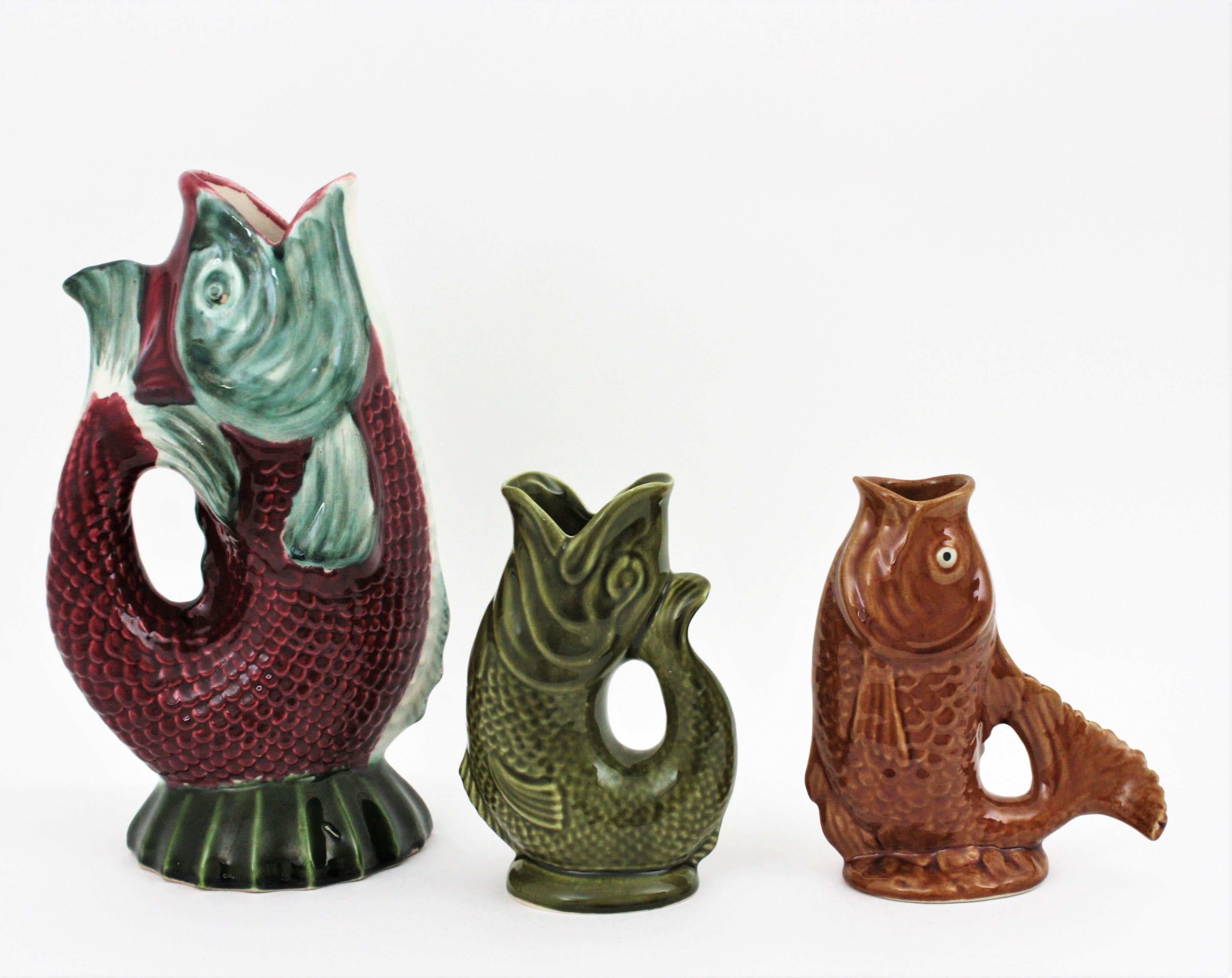 20th Century Pair of Mid-Century Modern Glazed Ceramic Gurgle Fish Jugs / Pitchers