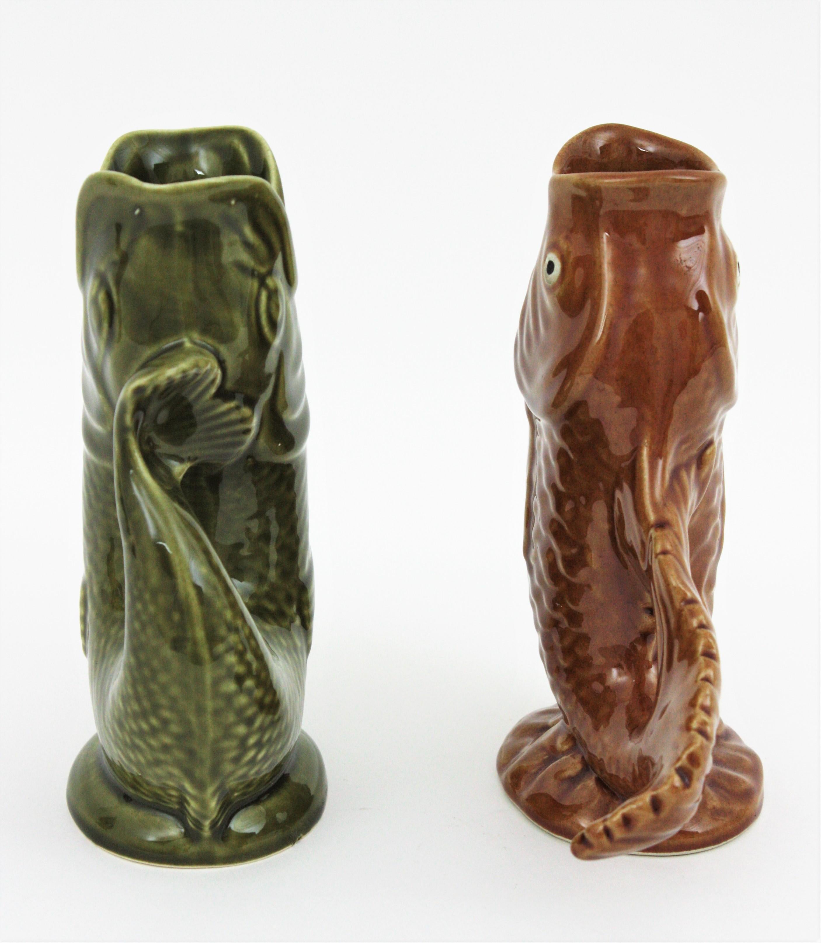 Pair of Mid-Century Modern Glazed Ceramic Gurgle Fish Jugs / Pitchers 1