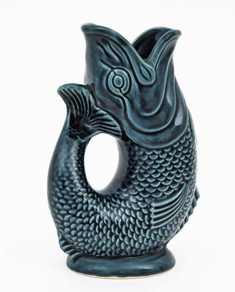 Pair of MidCentury Modernist Glazed Ceramic Gurgle Fish Water Jugs