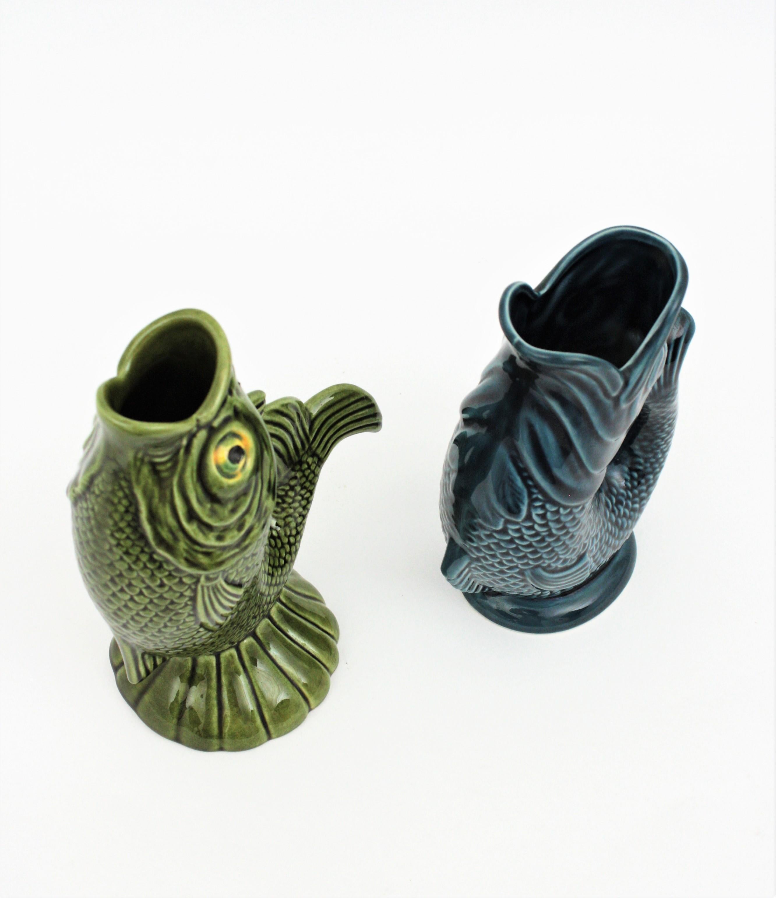 Pair of Mid-Century Modernist Glazed Ceramic Gurgle Fish Water Jugs / Pitchers 4