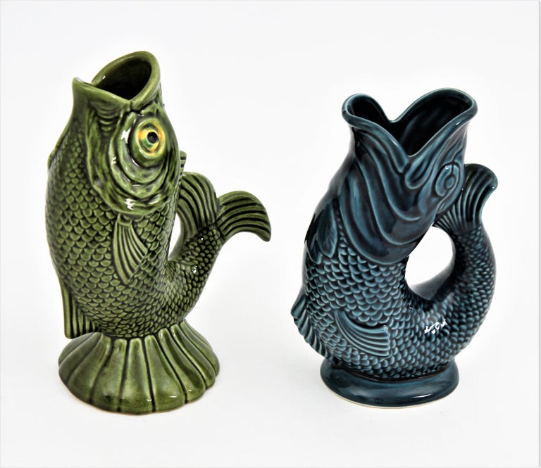 Pair of Mid-Century Modernist Glazed Ceramic Gurgle Fish Water Jugs ...