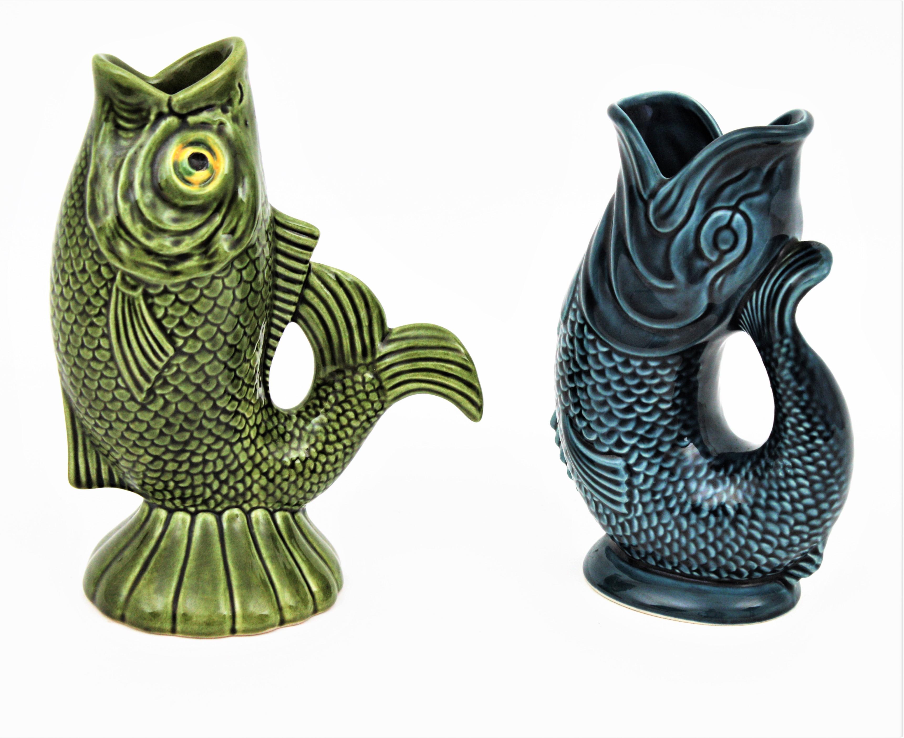 European Pair of Mid-Century Modernist Glazed Ceramic Gurgle Fish Water Jugs / Pitchers
