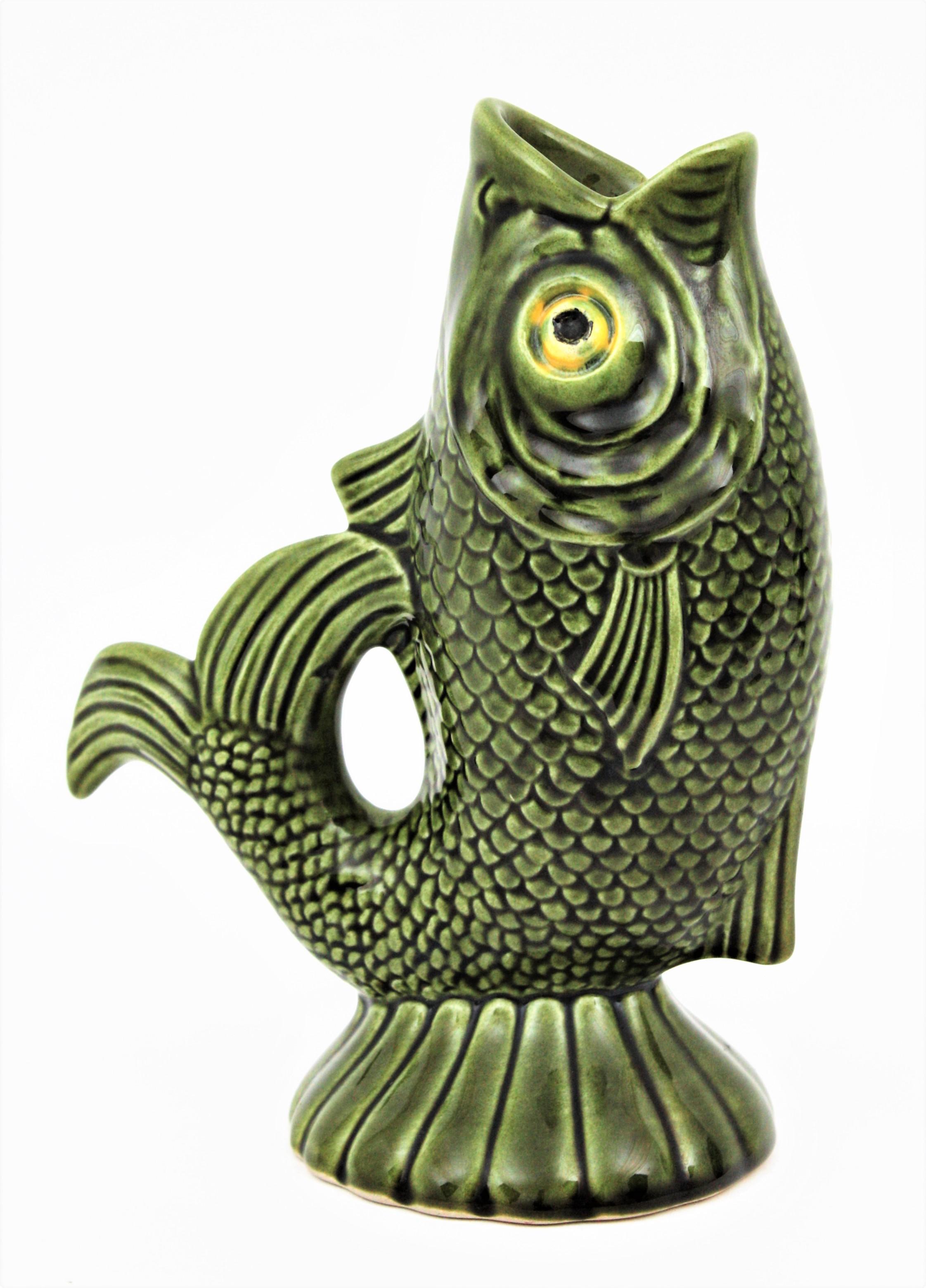 20th Century Pair of Mid-Century Modernist Glazed Ceramic Gurgle Fish Water Jugs / Pitchers