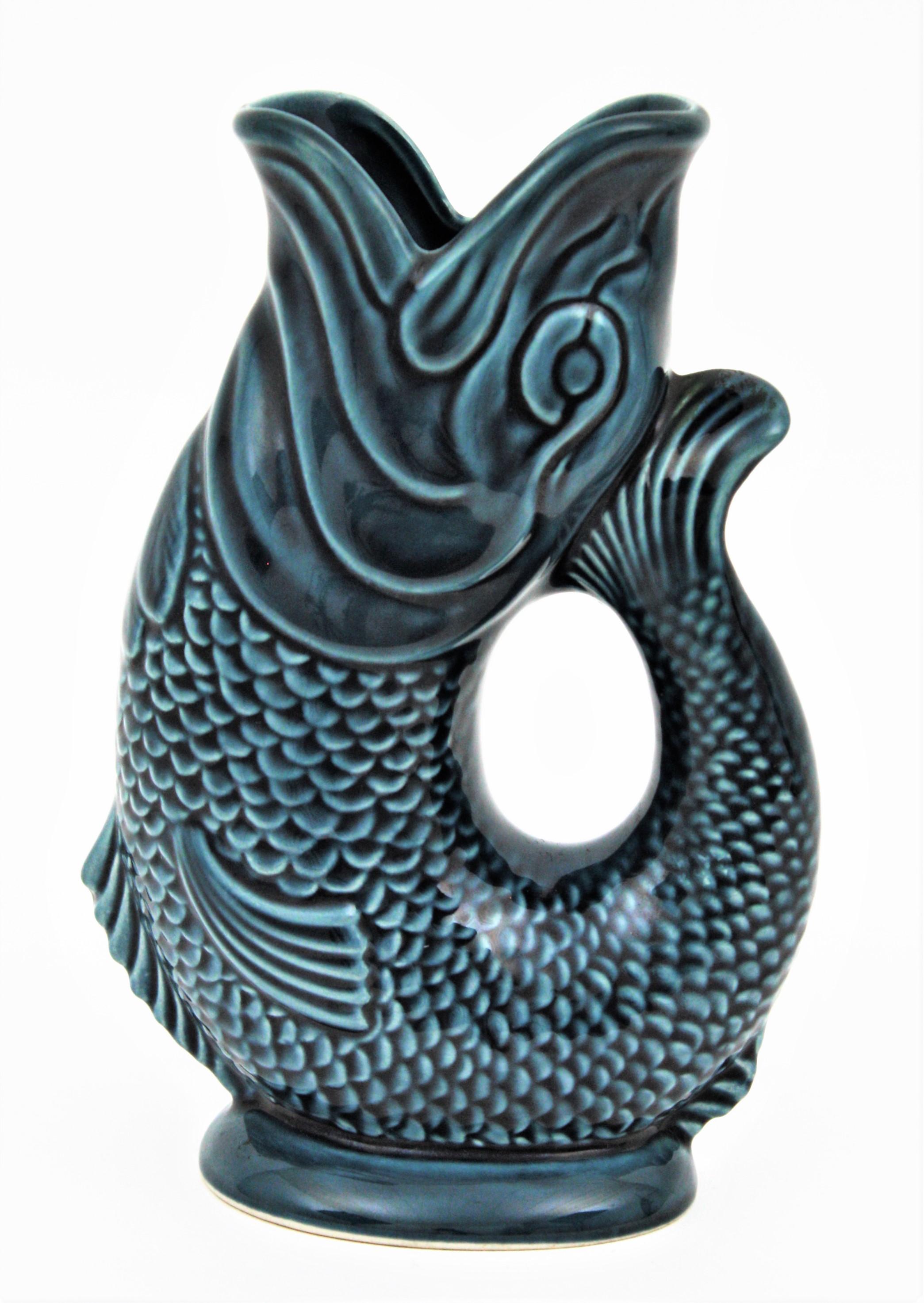 Majolica Pair of Mid-Century Modernist Glazed Ceramic Gurgle Fish Water Jugs / Pitchers