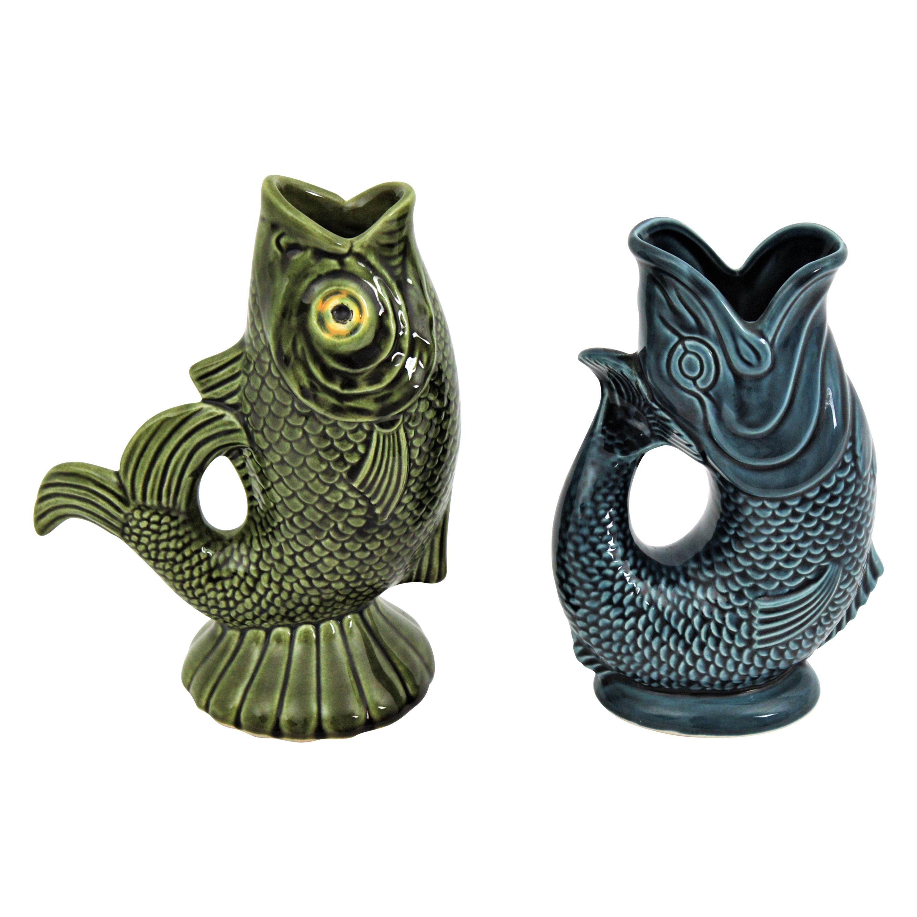Pair of Mid-Century Modernist Glazed Ceramic Gurgle Fish Water Jugs / Pitchers