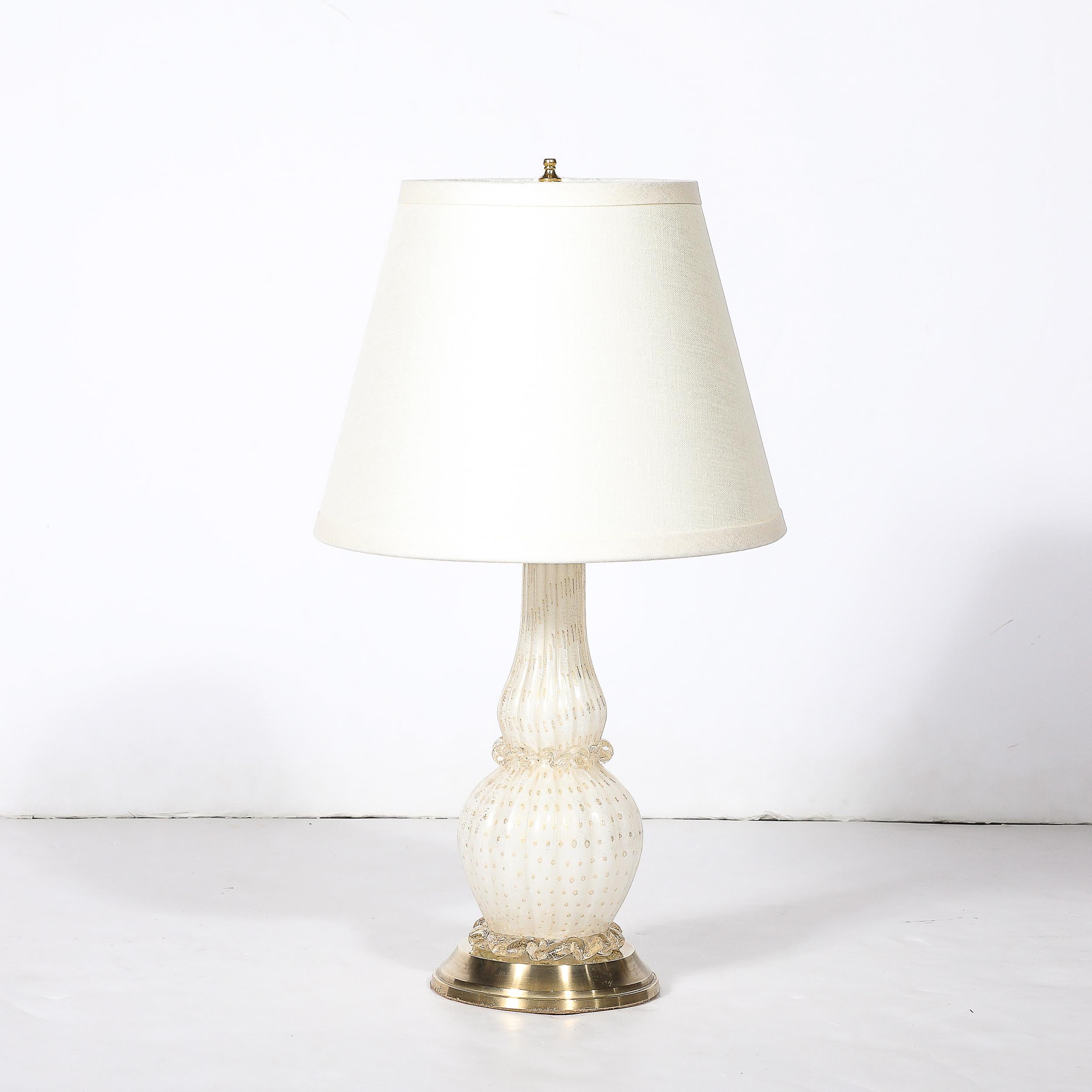 Pair of Mid-Century Modernist Hand-Blown White Murano Glass & Brass Table Lamps For Sale 6