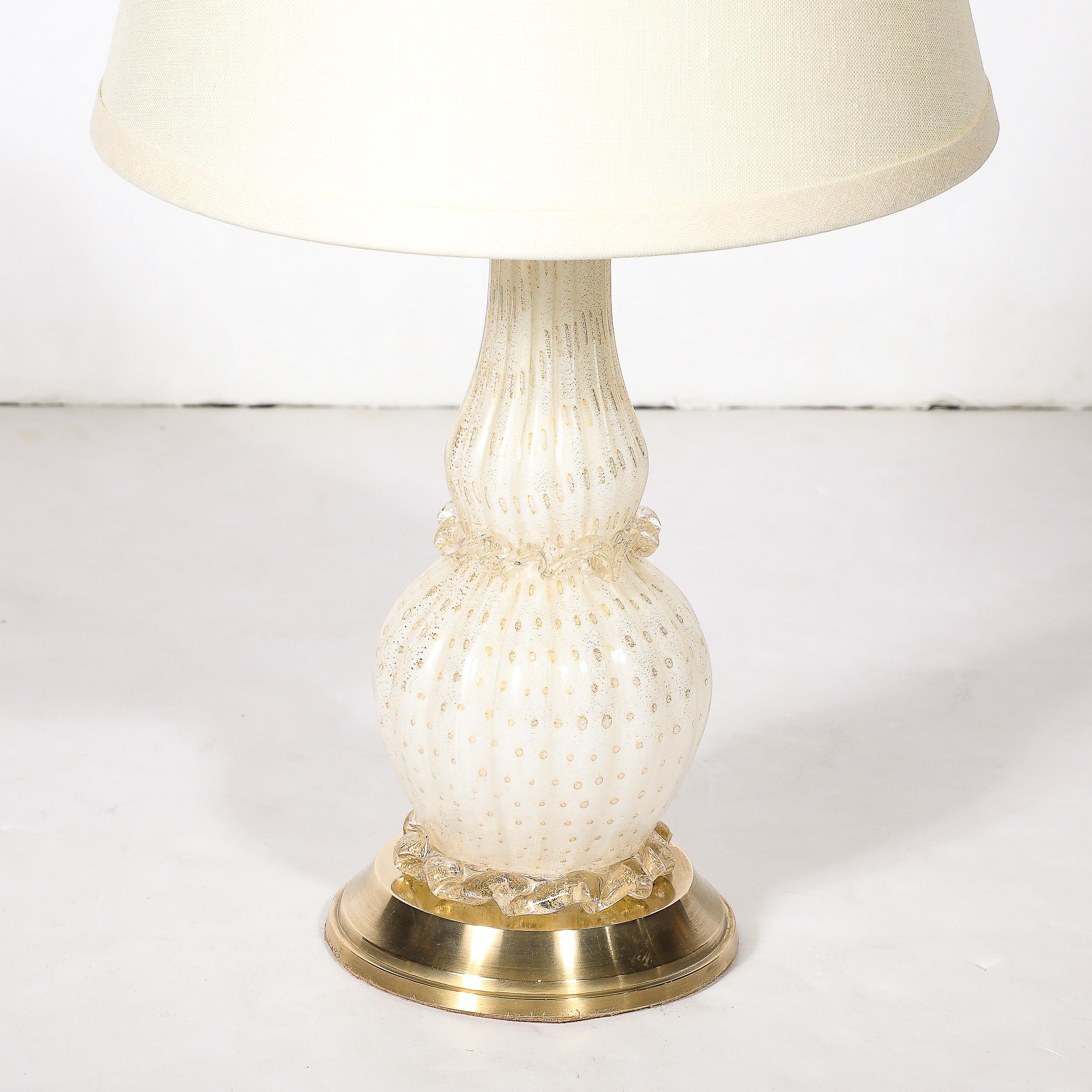 Italian Pair of Mid-Century Modernist Hand-Blown White Murano Glass & Brass Table Lamps For Sale
