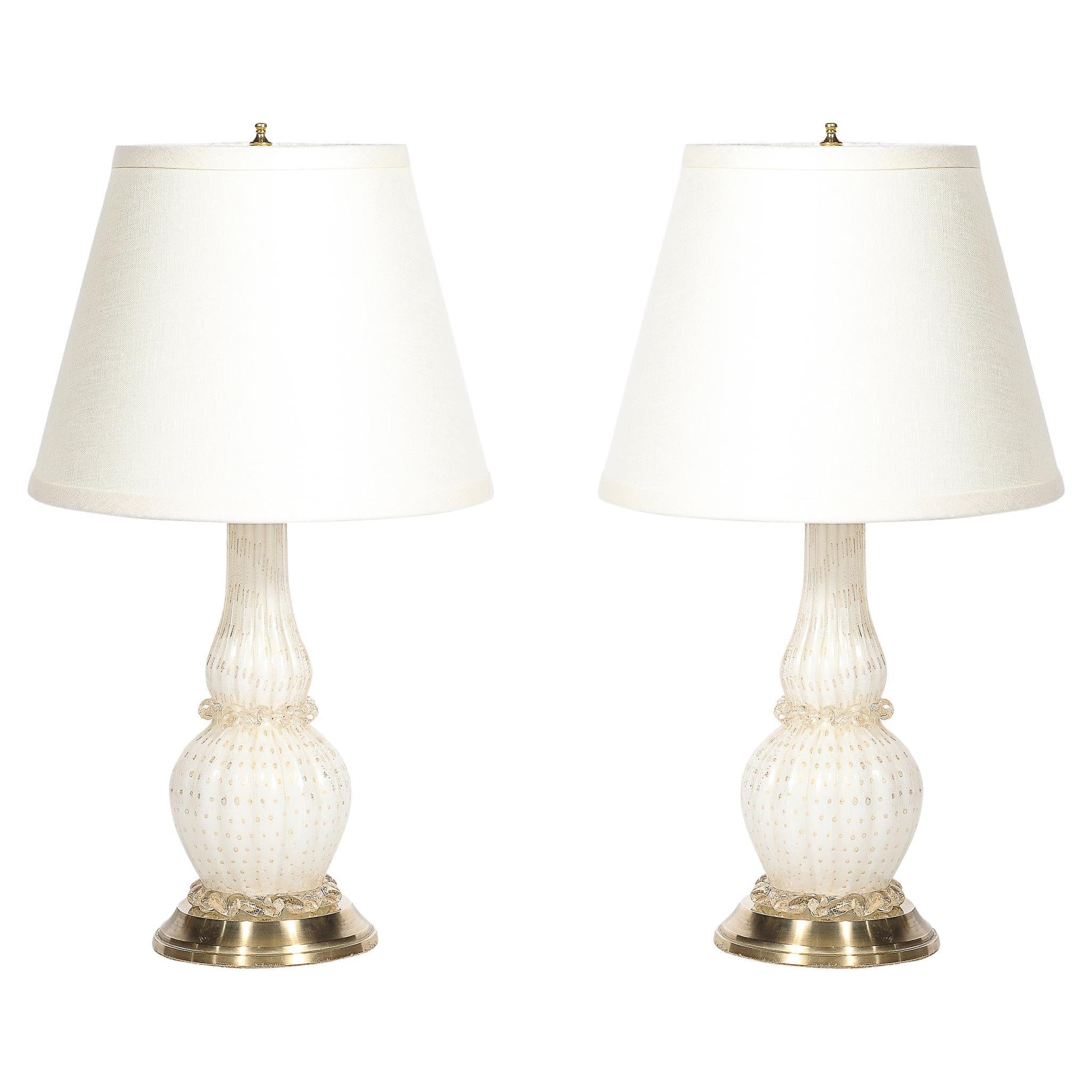 Pair of Mid-Century Modernist Hand-Blown White Murano Glass & Brass Table Lamps