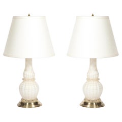 Vintage Pair of Mid-Century Modernist Hand-Blown White Murano Glass & Brass Table Lamps