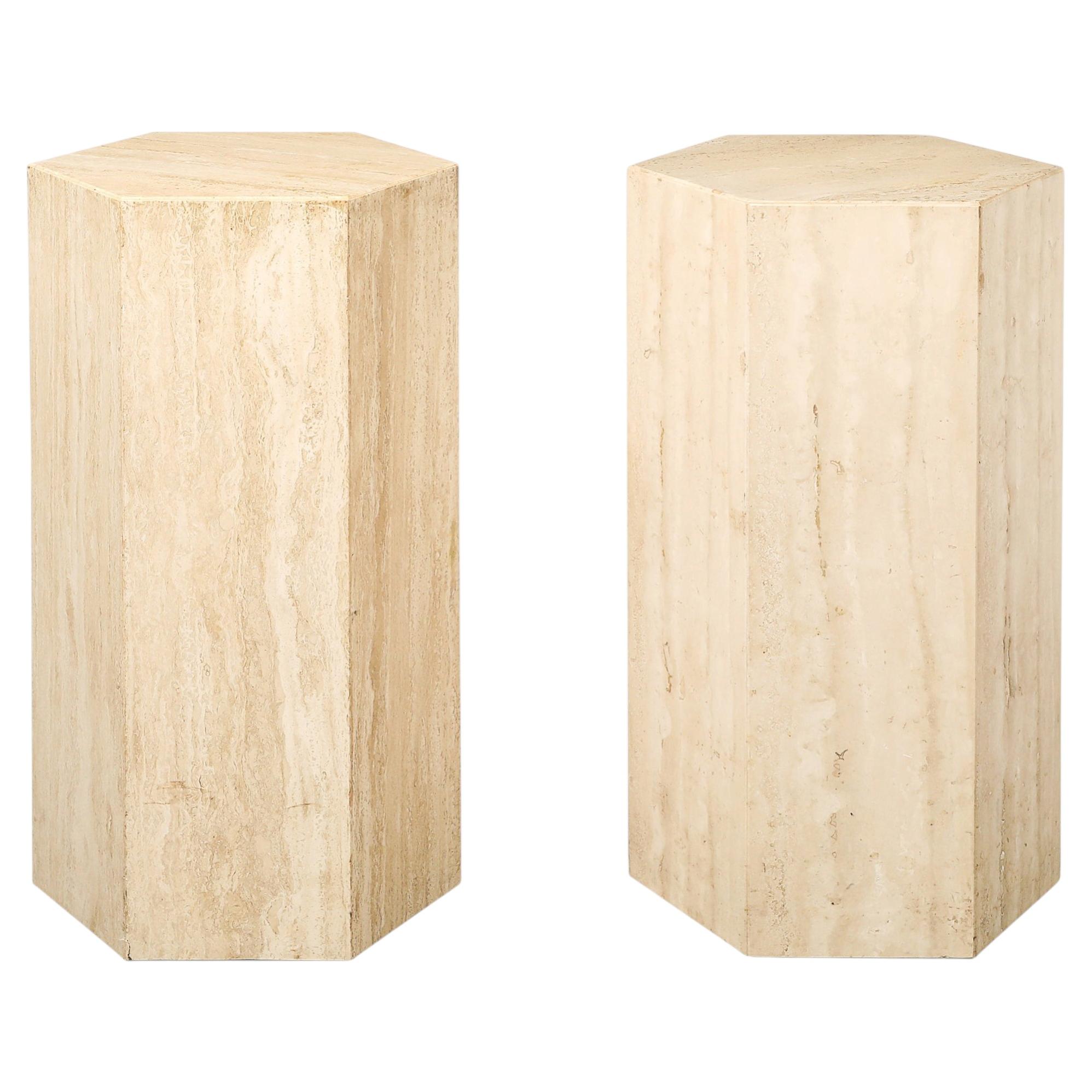 Pair of Mid-Century Modernist Hexagonal Travertine Pedestals