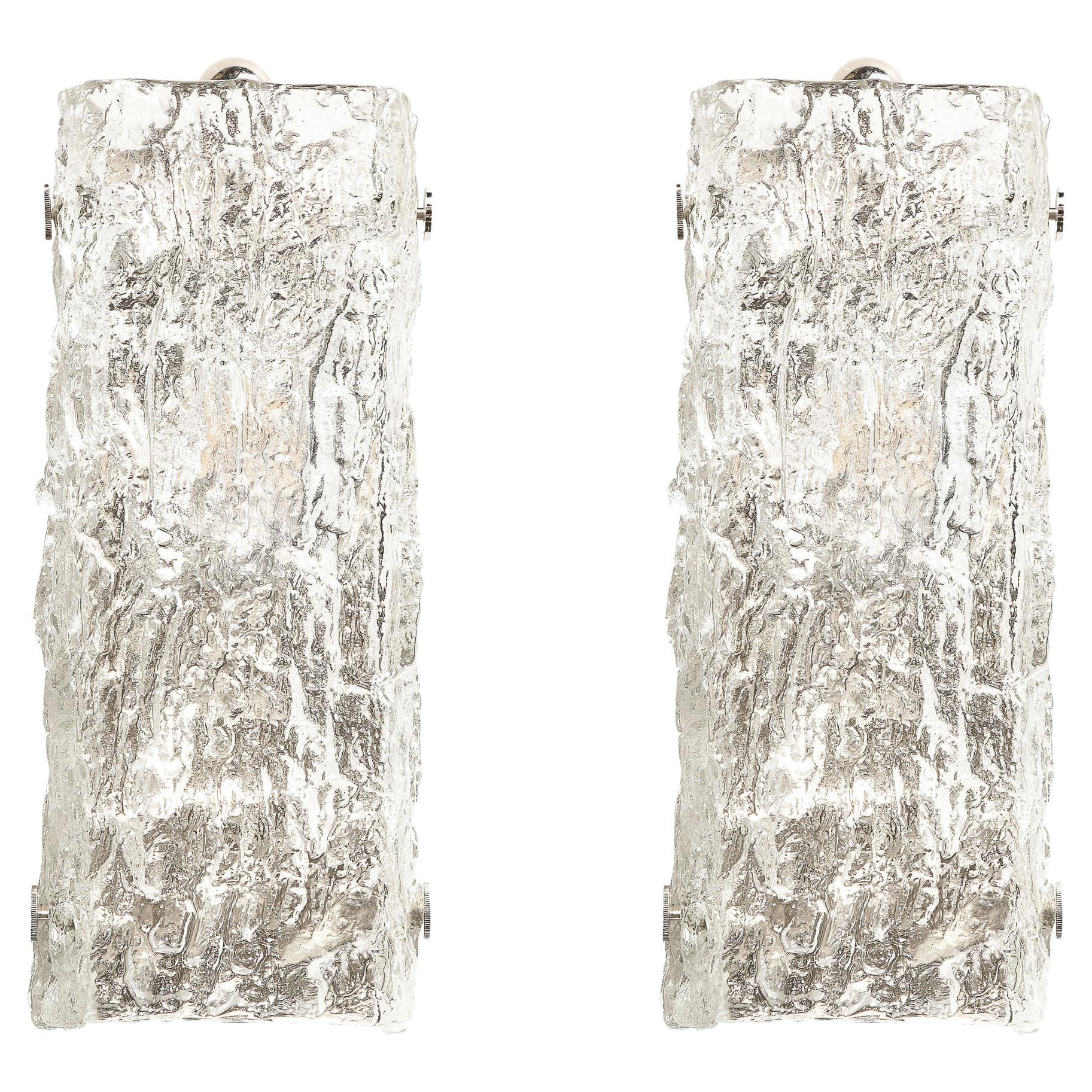 Pair of Mid-Century Modernist Ice Glass Sconces by J.T. Kalmar For Sale