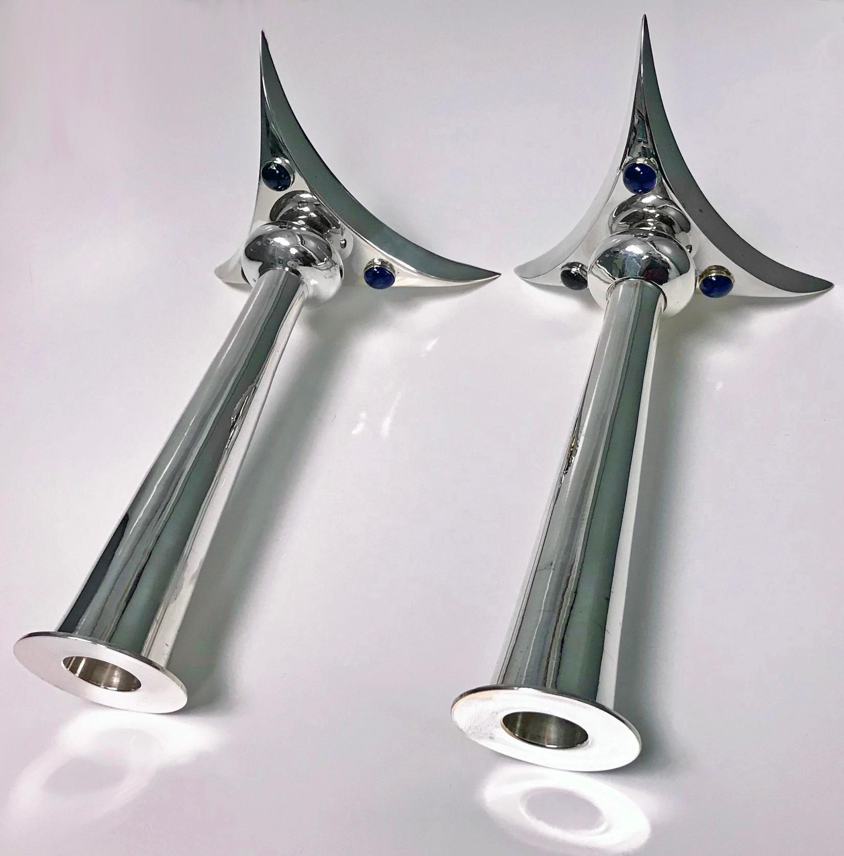 Pair of Mid-Century Modernist Lapis Lazuli and Silvered Candlesticks, circa 1970 In Good Condition In Toronto, Ontario