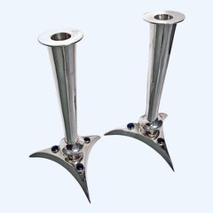 Pair of Mid-Century Modernist Lapis Lazuli and Silvered Candlesticks, circa 1970