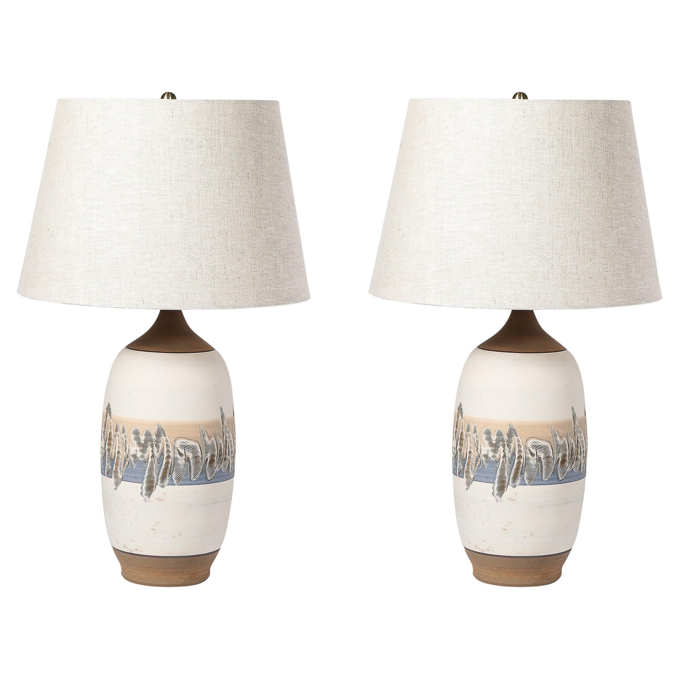 Pair of Mid-Century Modernist Off White Ceramic Table Lamps W/ Banded Detailing