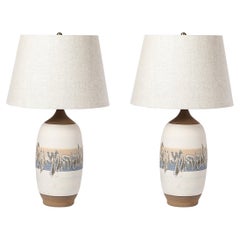 Pair of Mid-Century Modernist Off White Ceramic Table Lamps W/ Banded Detailing