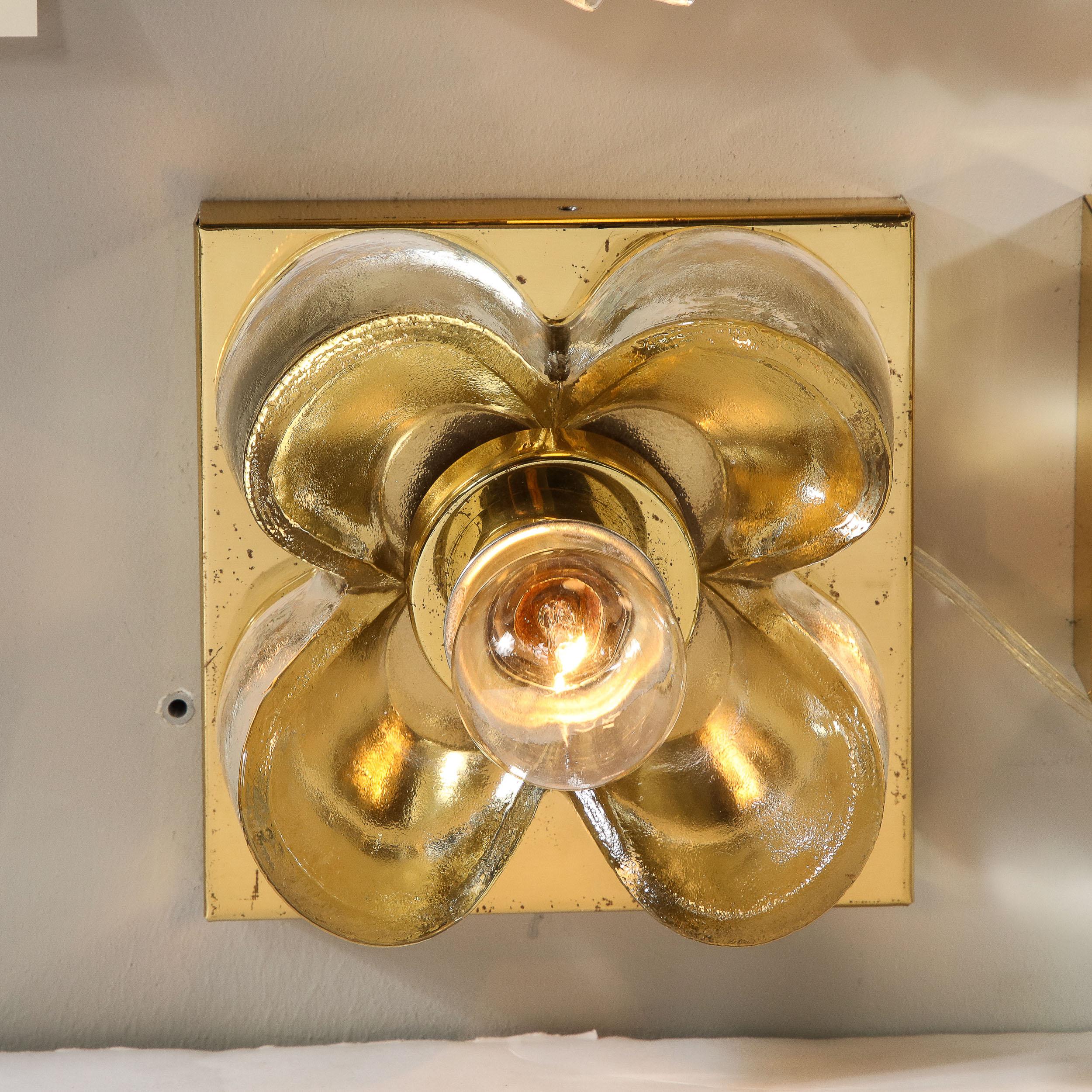 German Pair of Mid-Century Modernist Petite Brass & Mottled Glass Sconces by Sische