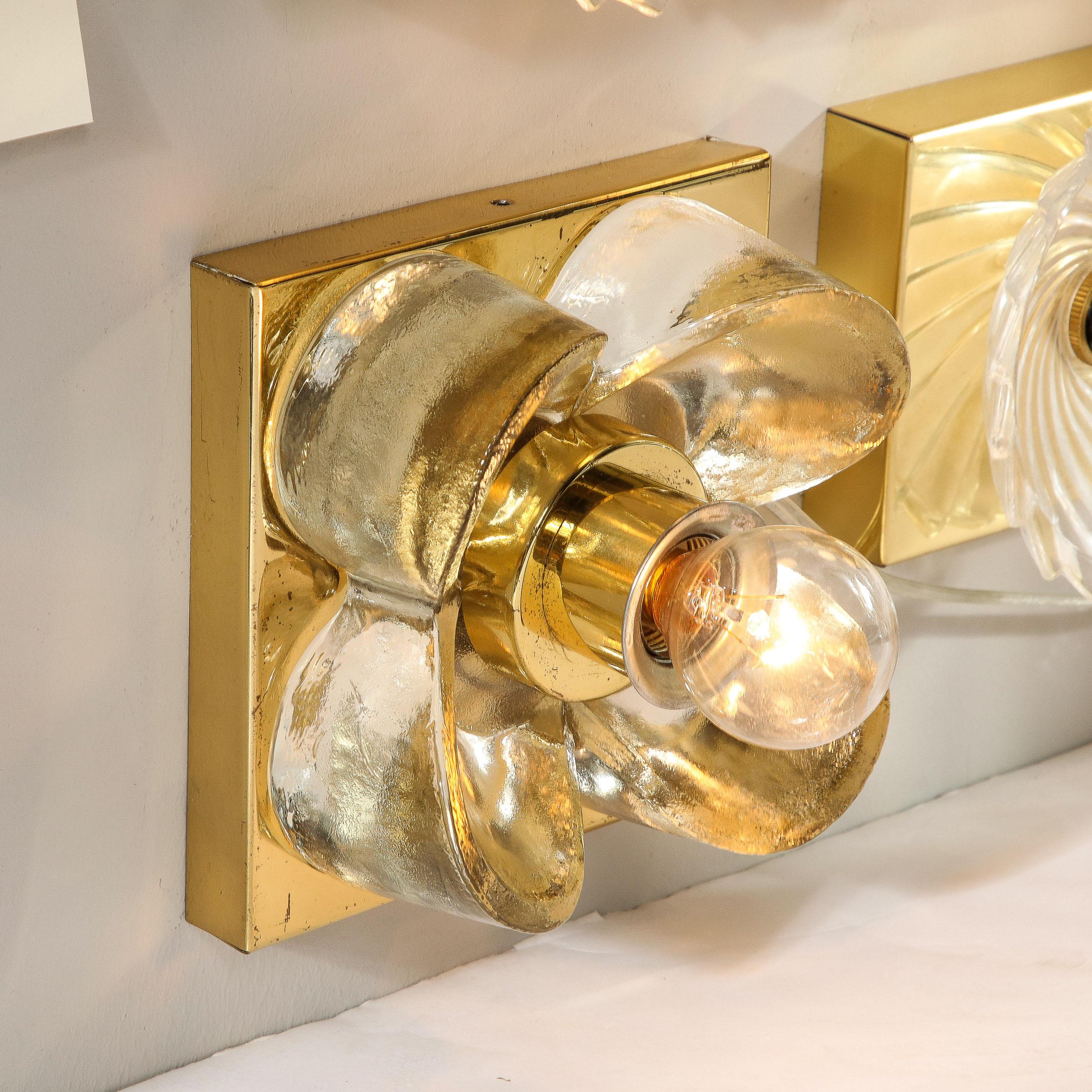 Late 20th Century Pair of Mid-Century Modernist Petite Brass & Mottled Glass Sconces by Sische