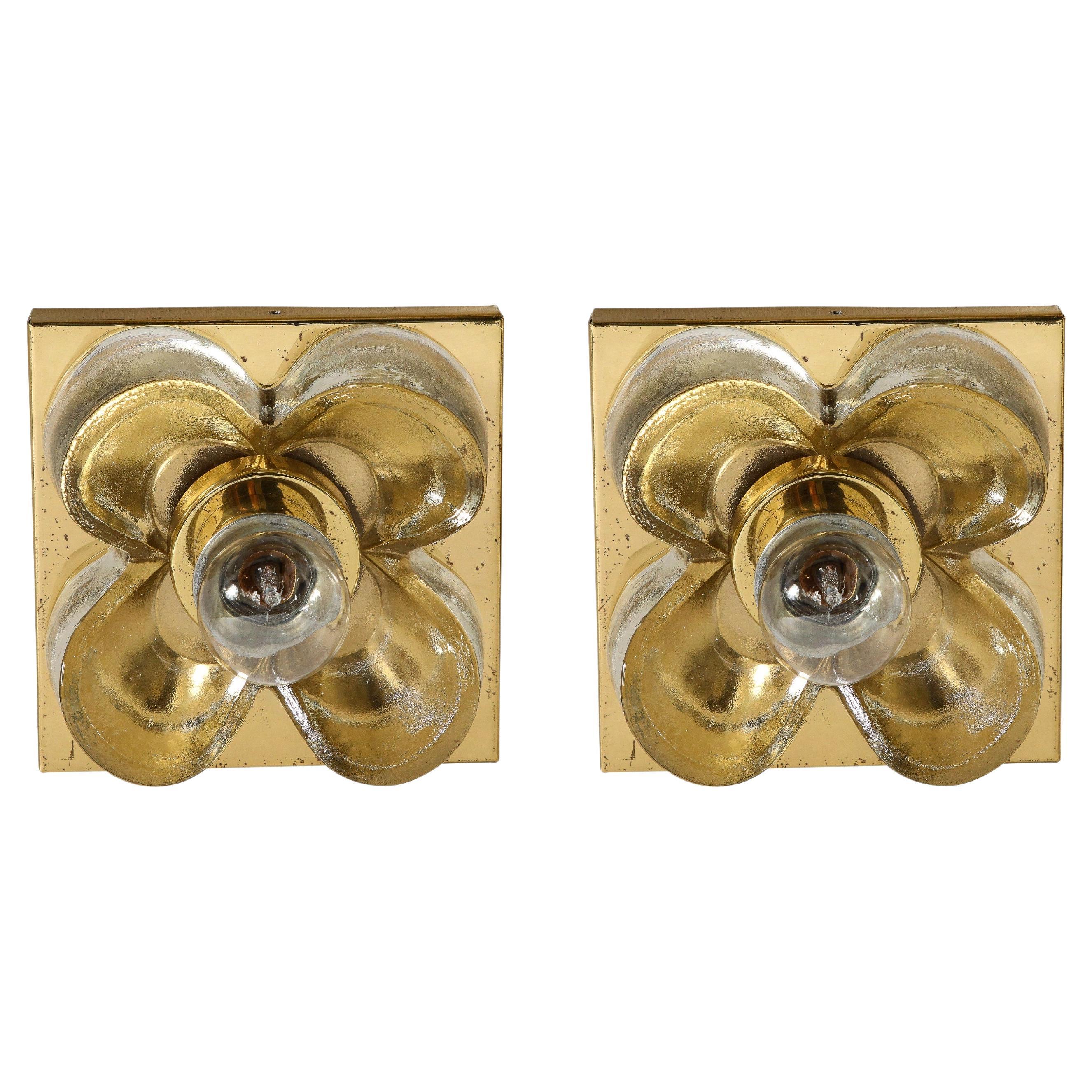 Pair of Mid-Century Modernist Petite Brass & Mottled Glass Sconces by Sische