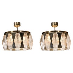 Pair of Mid-Century Modernist Polyhedral Pendants w/ Geometric Brushed Aluminum