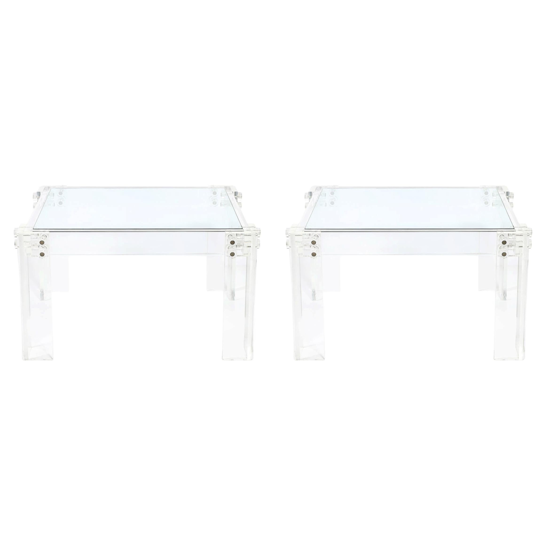 Pair of Mid-Century Modernist Rectilinear Lucite & Glass Side/End Tables