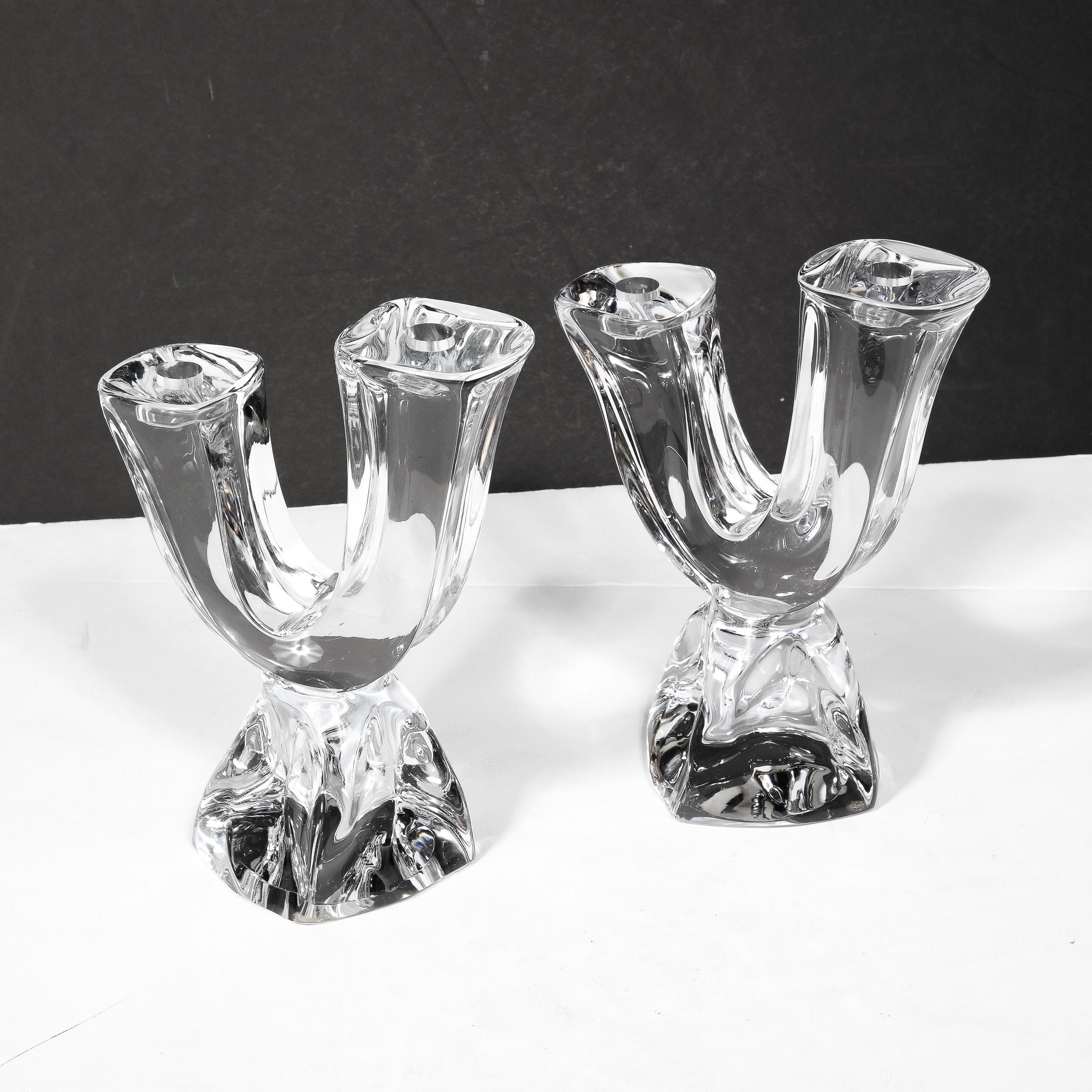 French Pair of Mid-Century Modernist Sculptural Crystal Candelabras signed Daum