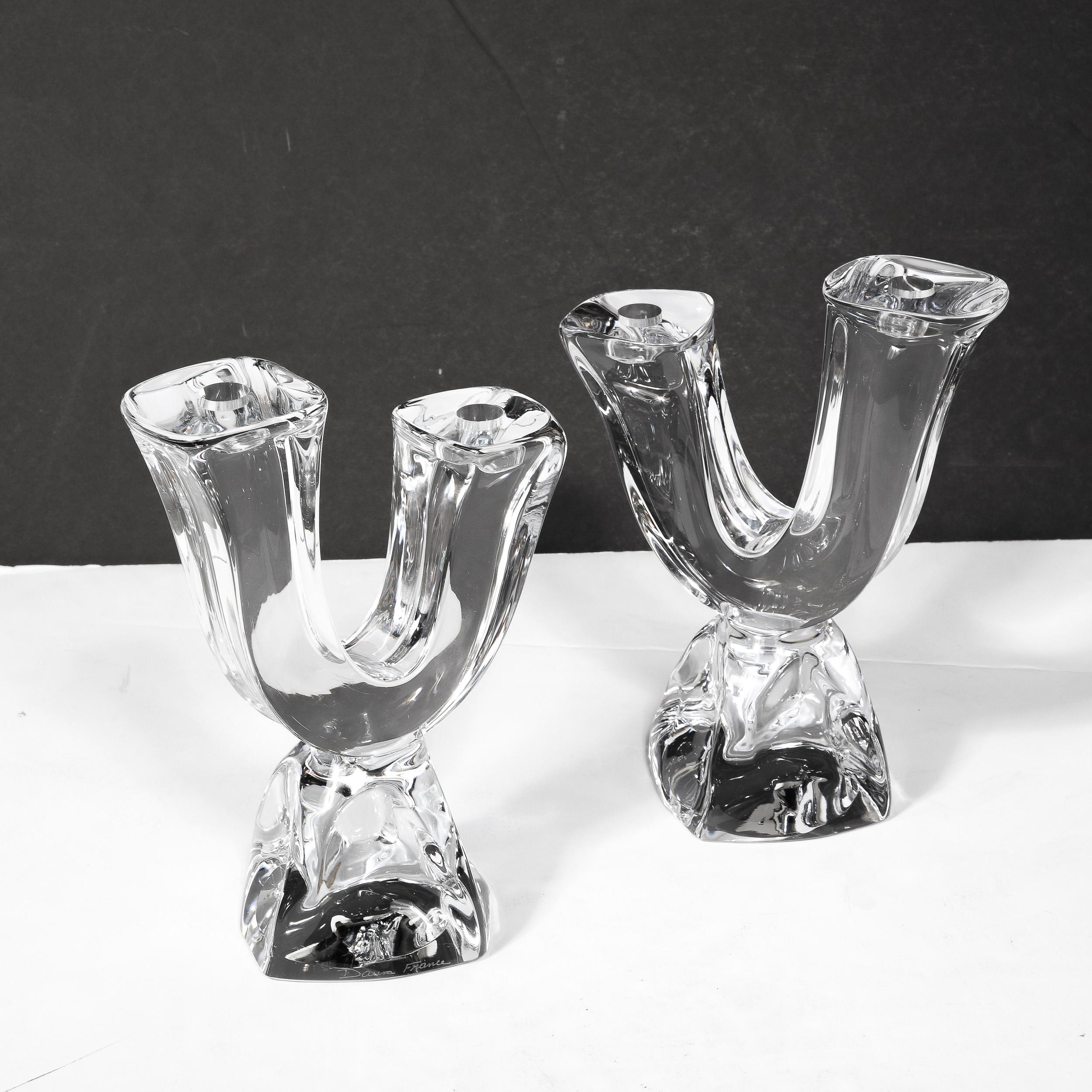 Pair of Mid-Century Modernist Sculptural Crystal Candelabras signed Daum In Excellent Condition In New York, NY