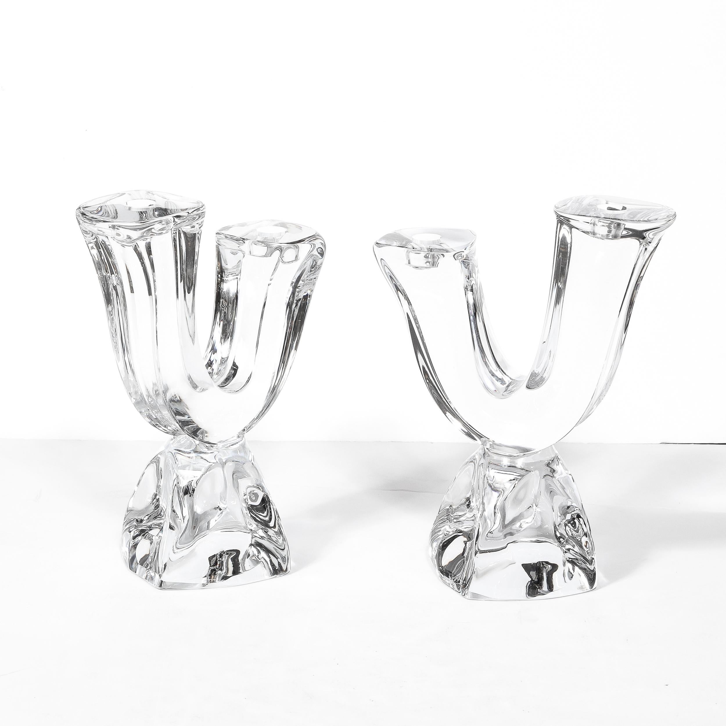 Glass Pair of Mid-Century Modernist Sculptural Crystal Candelabras signed Daum