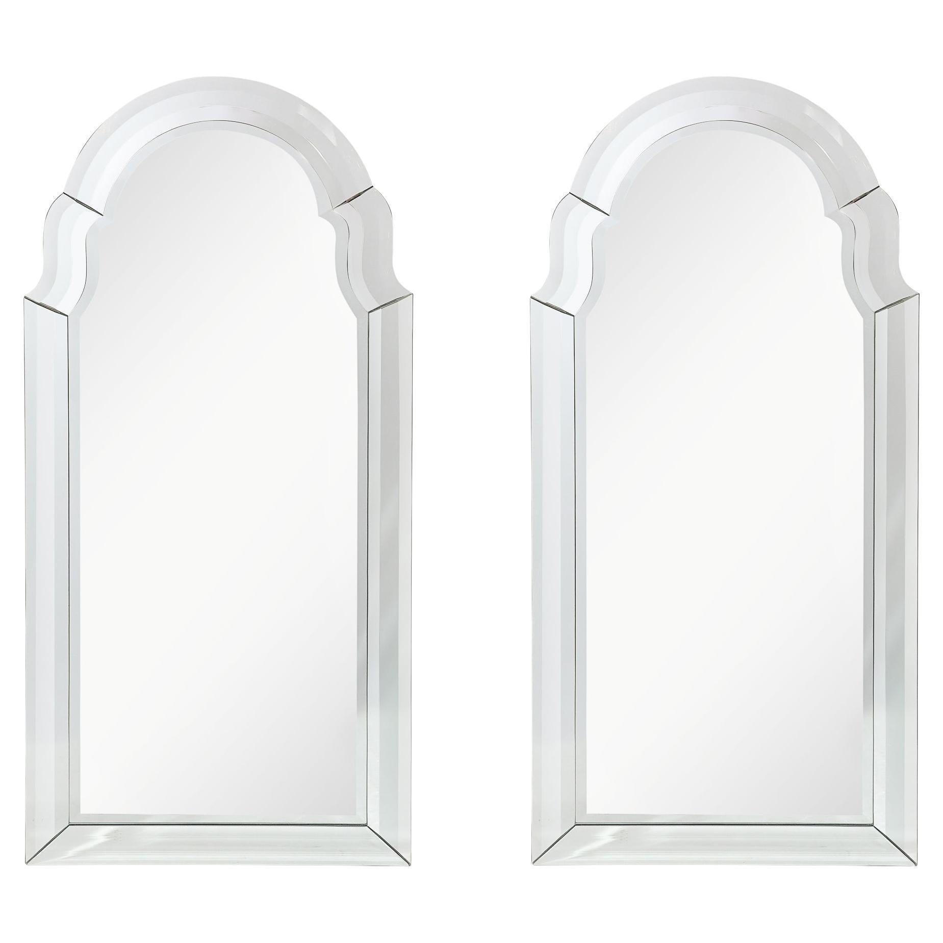 Pair of Mid-Century Modernist Serifed Arch Form Mirrors with Beveled Detailing