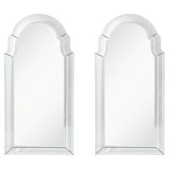 Pair of Mid-Century Modernist Serifed Arch Form Mirrors with Beveled Detailing