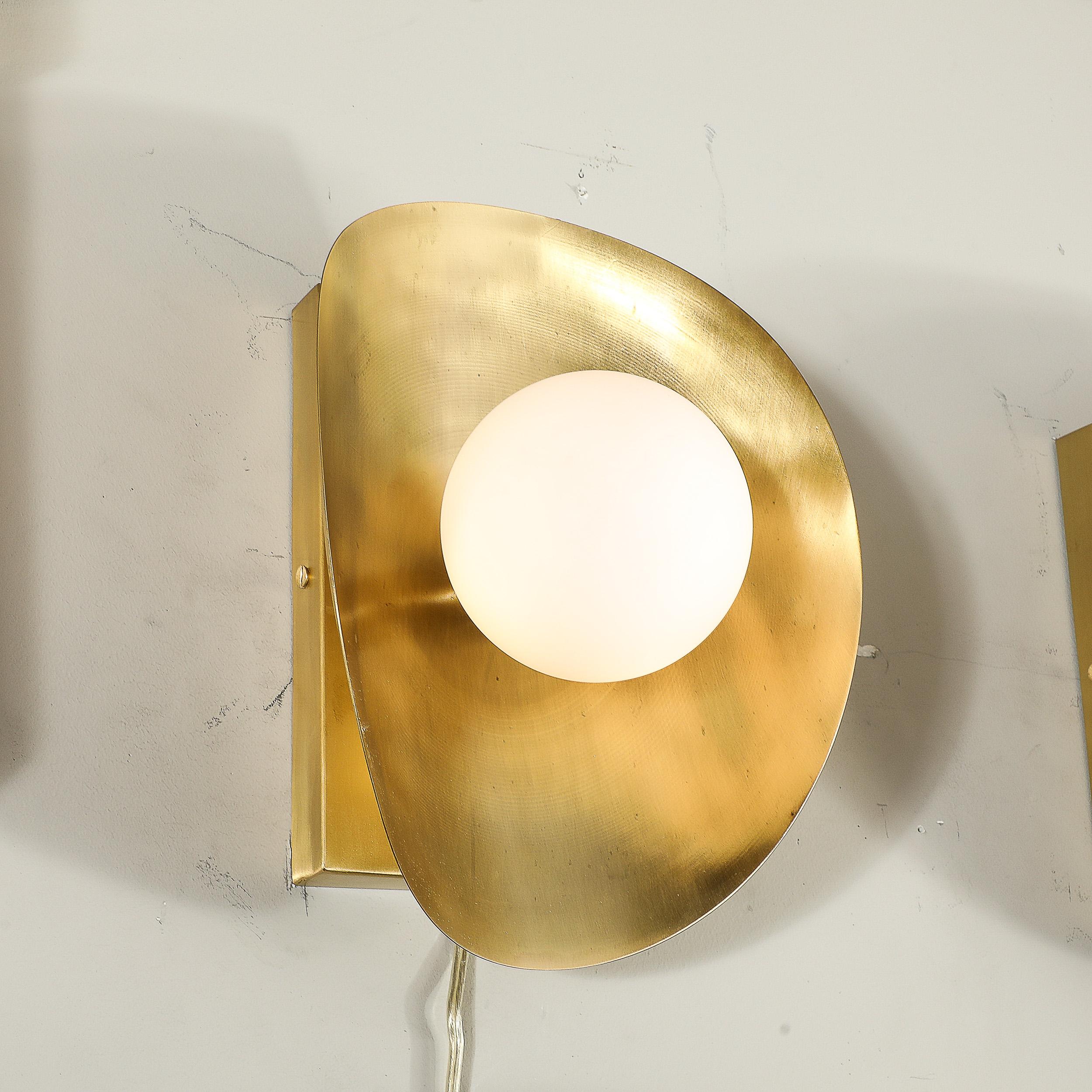 Pair of Mid-Century Modernist Shield Form Brushed Brass & Frosted Glass Sconces 6