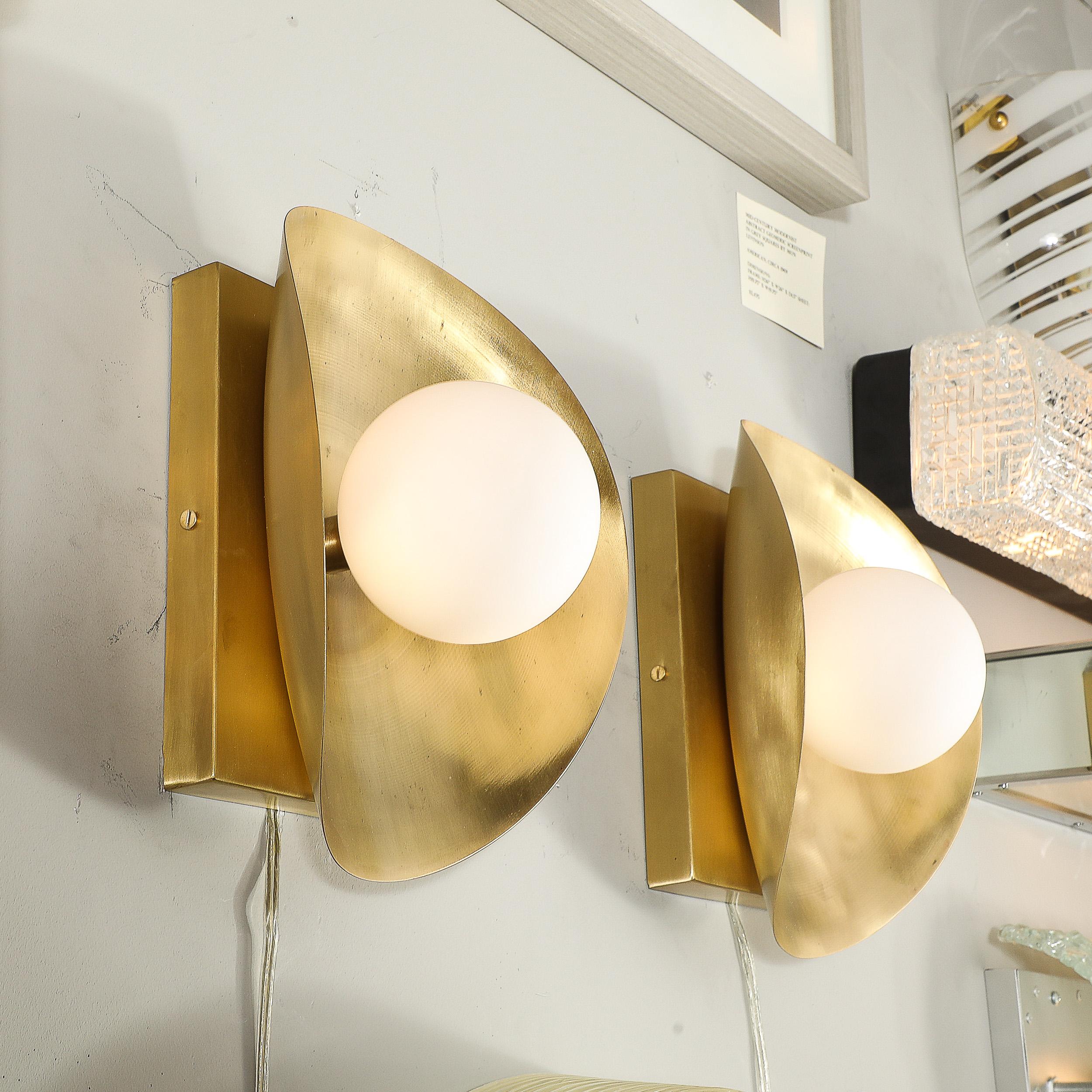 Pair of Mid-Century Modernist Shield Form Brushed Brass & Frosted Glass Sconces 7