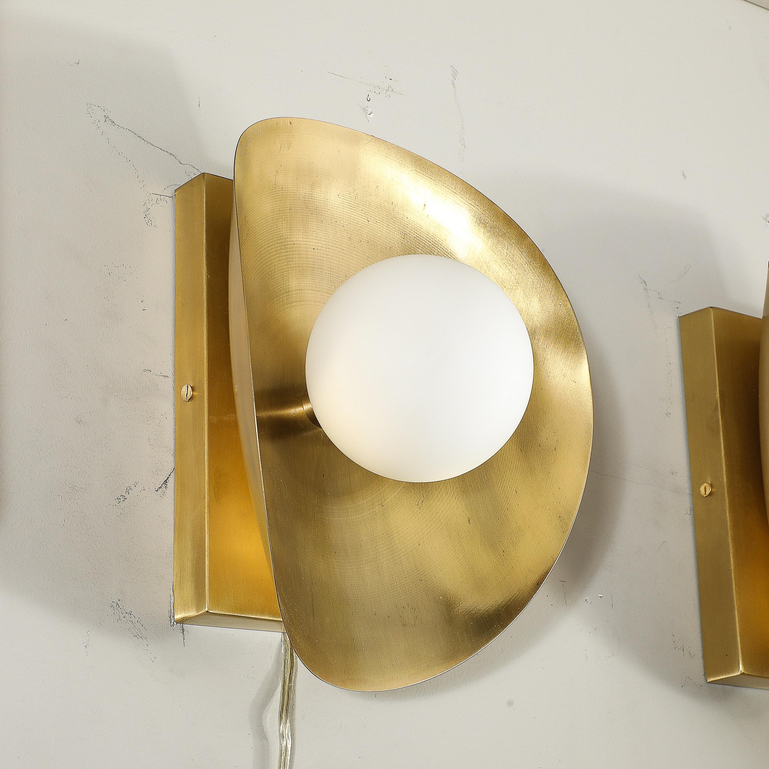 Pair of Mid-Century Modernist Shield Form Brushed Brass & Frosted Glass Sconces 8