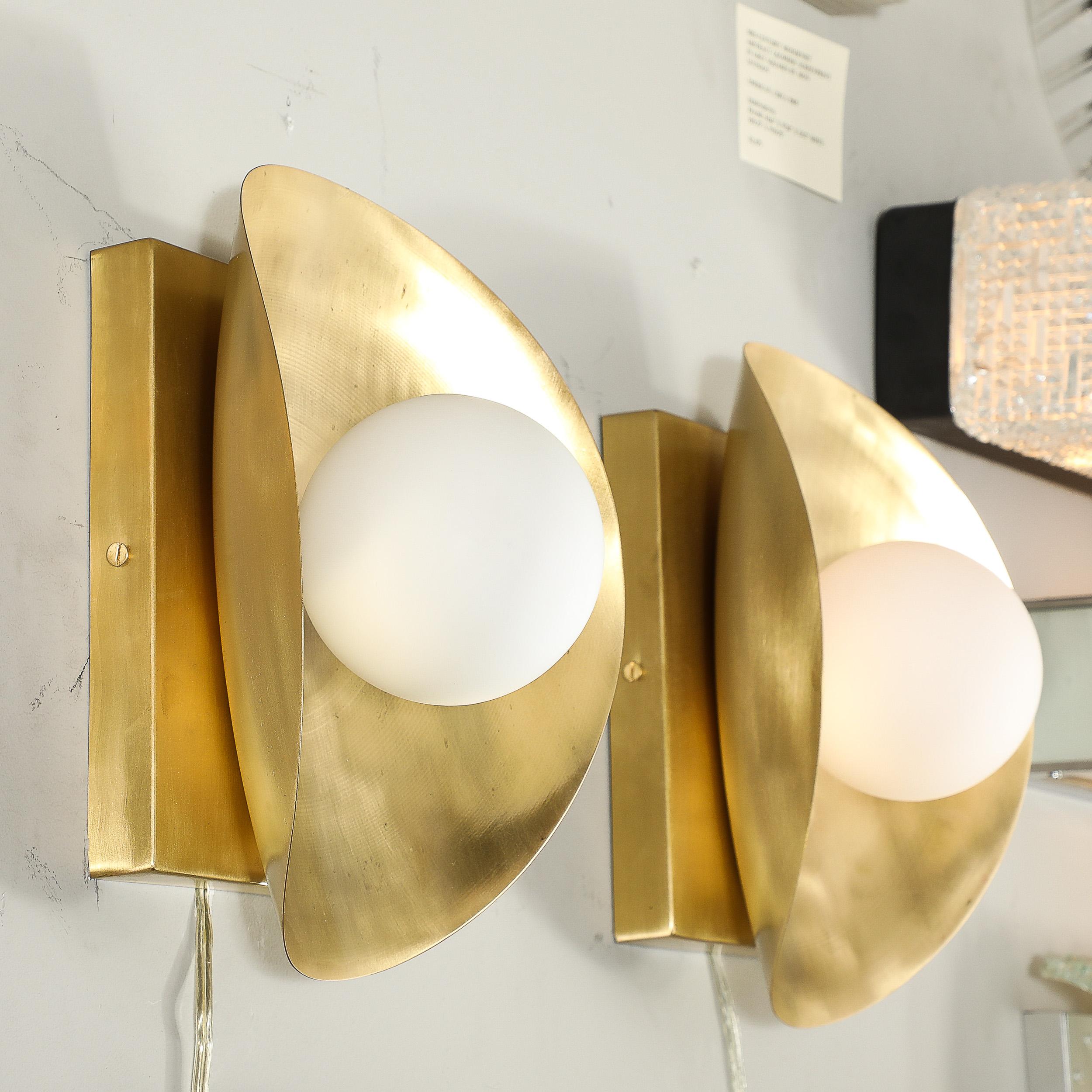 Pair of Mid-Century Modernist Shield Form Brushed Brass & Frosted Glass Sconces 11